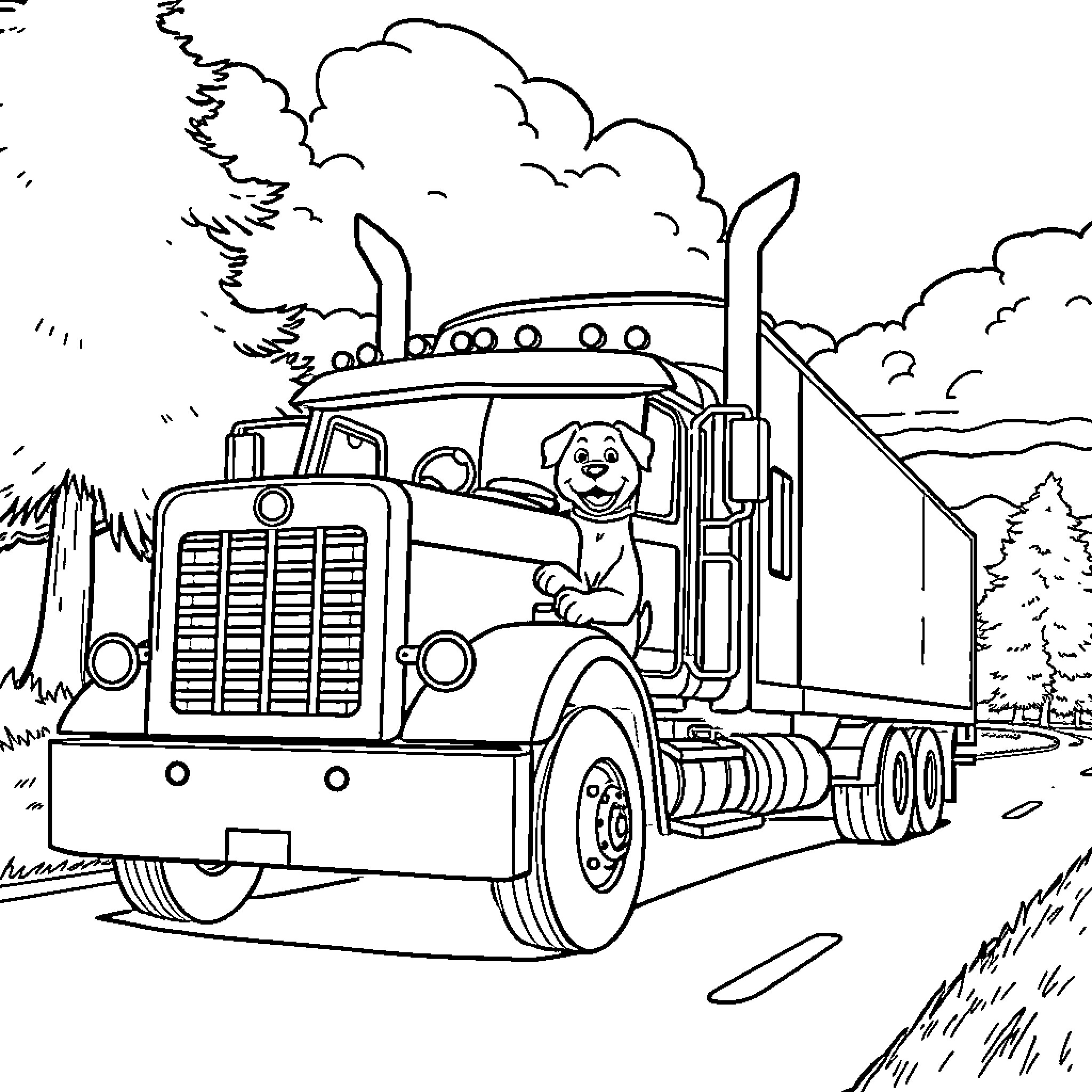 Diesel Truck hauling cargo through the countryside Coloring Page (free black-and-white line drawing printable PDF for all, from beginners to advanced learners, including children, teens, adults, and seniors)