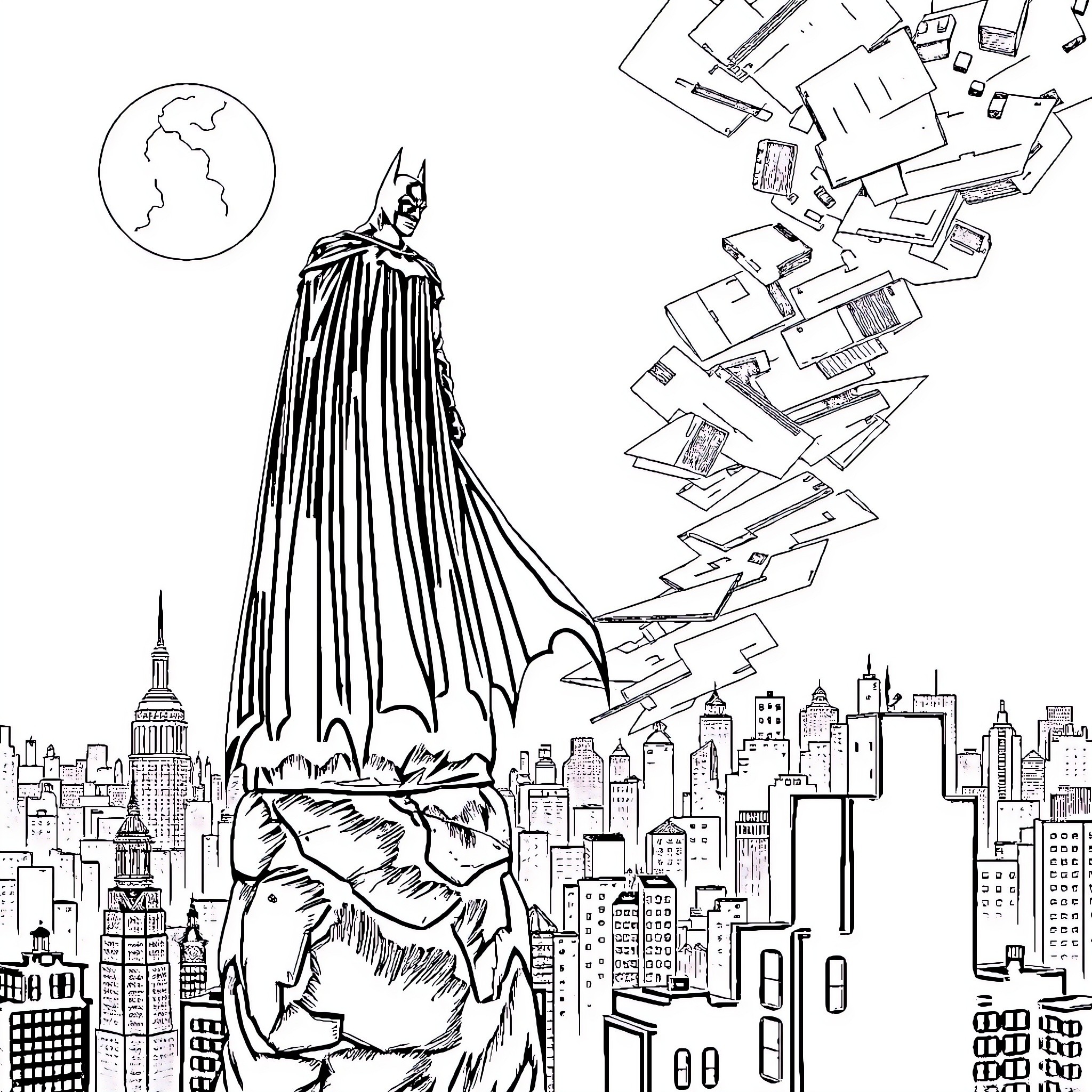 Batman surveying the city from above Coloring Page (free black-and-white line drawing printable PDF for all, from beginners to advanced learners, including children, teens, adults, and seniors)