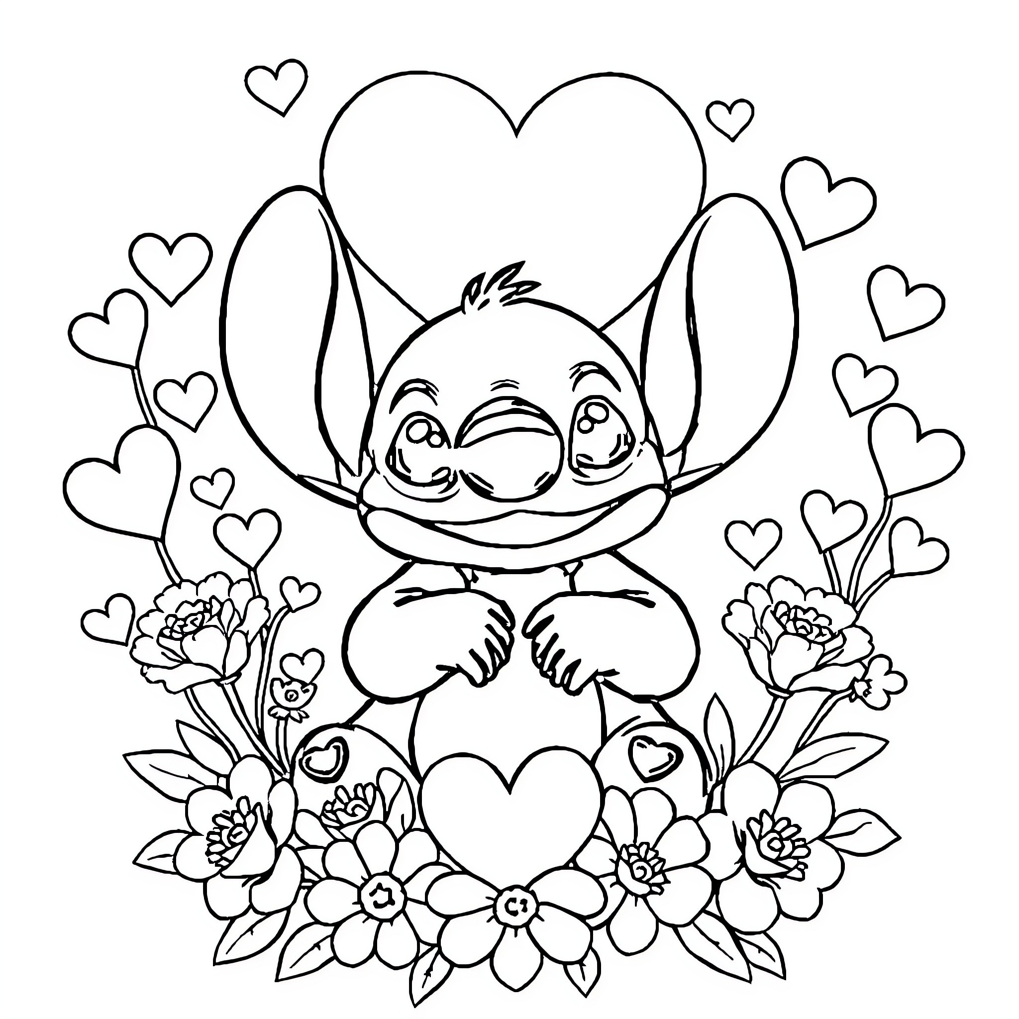 Stitch surrounded by hearts and flowers Coloring Page (free black-and-white line drawing printable PDF for all, from beginners to advanced learners, including children, teens, adults, and seniors)