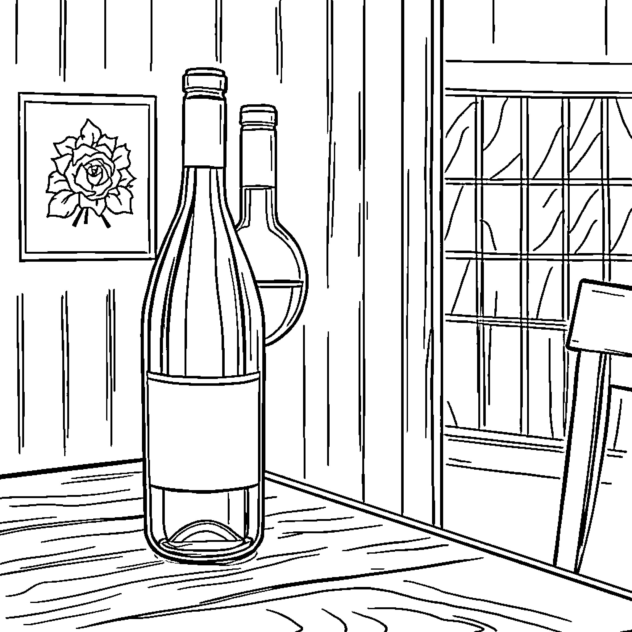 Rouge Blanc: Artistic Display of Wine Bottles Coloring Page (free black-and-white line drawing printable PDF for all, from beginners to advanced learners, including children, teens, adults, and seniors)