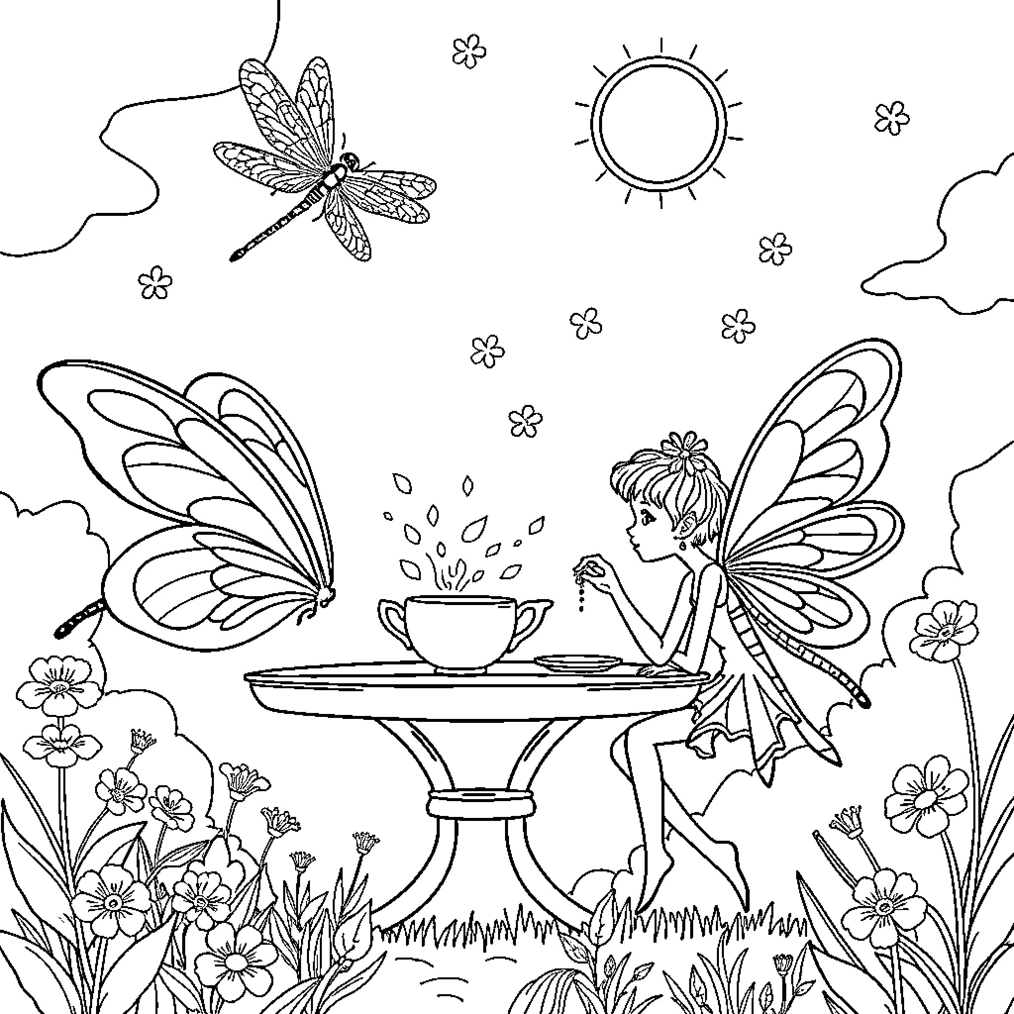 Dragonfly and Fairies in Floral Garden Coloring Page (free black-and-white line drawing printable PDF for all, from beginners to advanced learners, including children, teens, adults, and seniors)