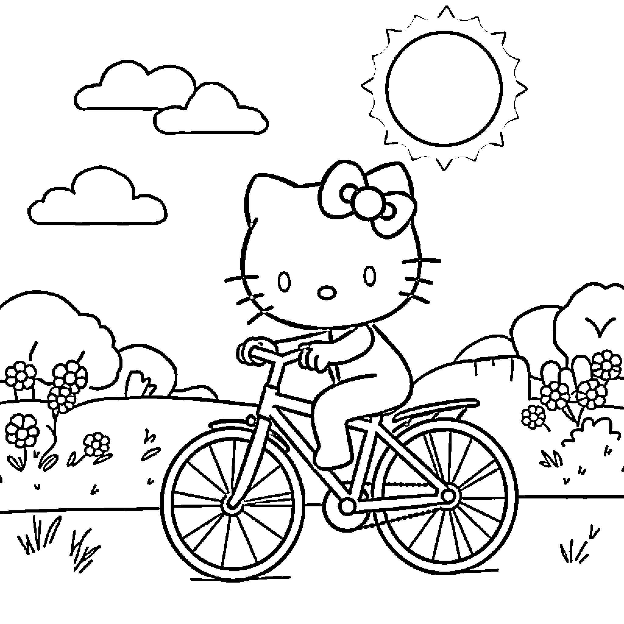 Hello Kitty riding a bicycle in the park Coloring Page (free black-and-white line drawing printable PDF for all, from beginners to advanced learners, including children, teens, adults, and seniors)