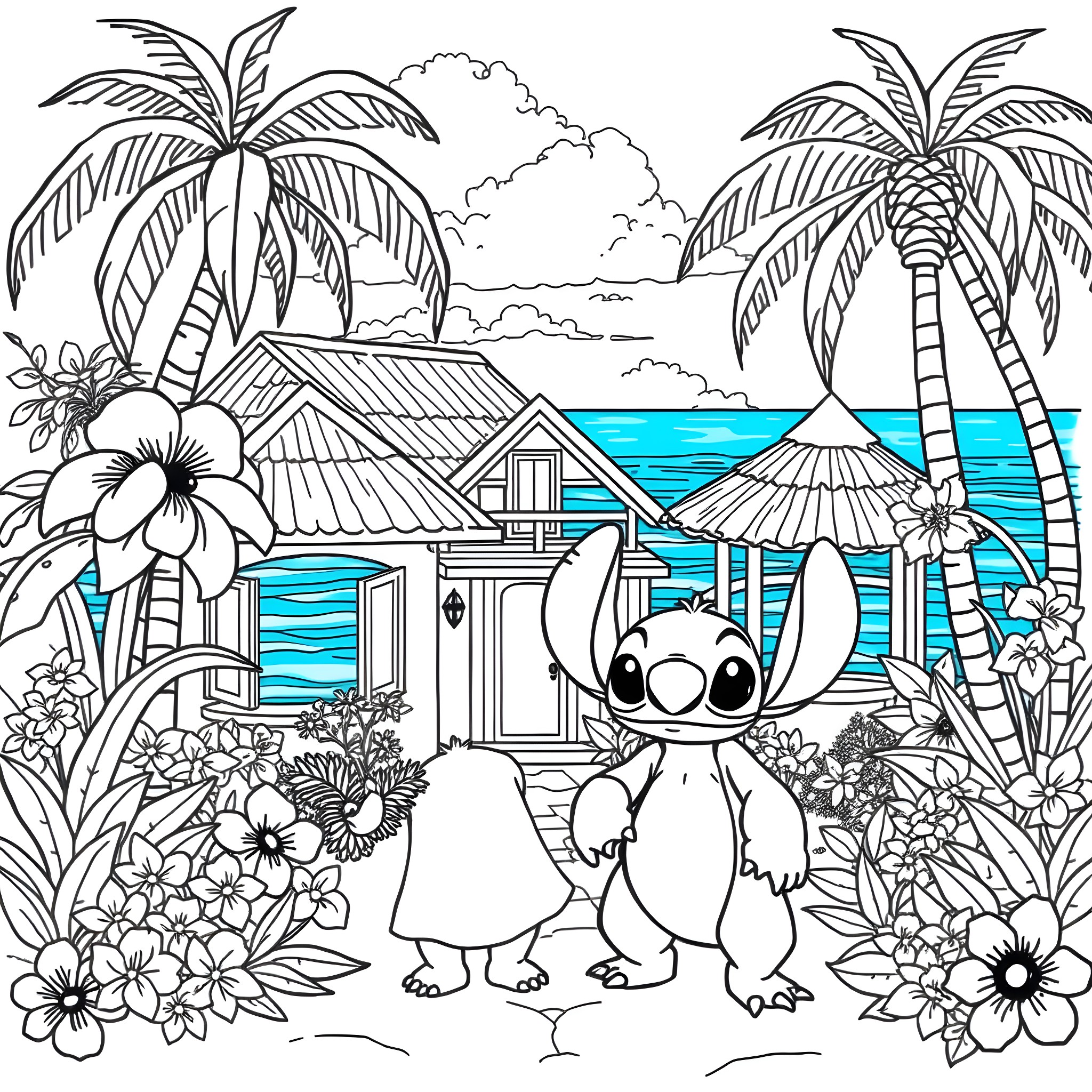 Lilo exploring the tropical paradise Coloring Page (free black-and-white line drawing printable PDF for all, from beginners to advanced learners, including children, teens, adults, and seniors)