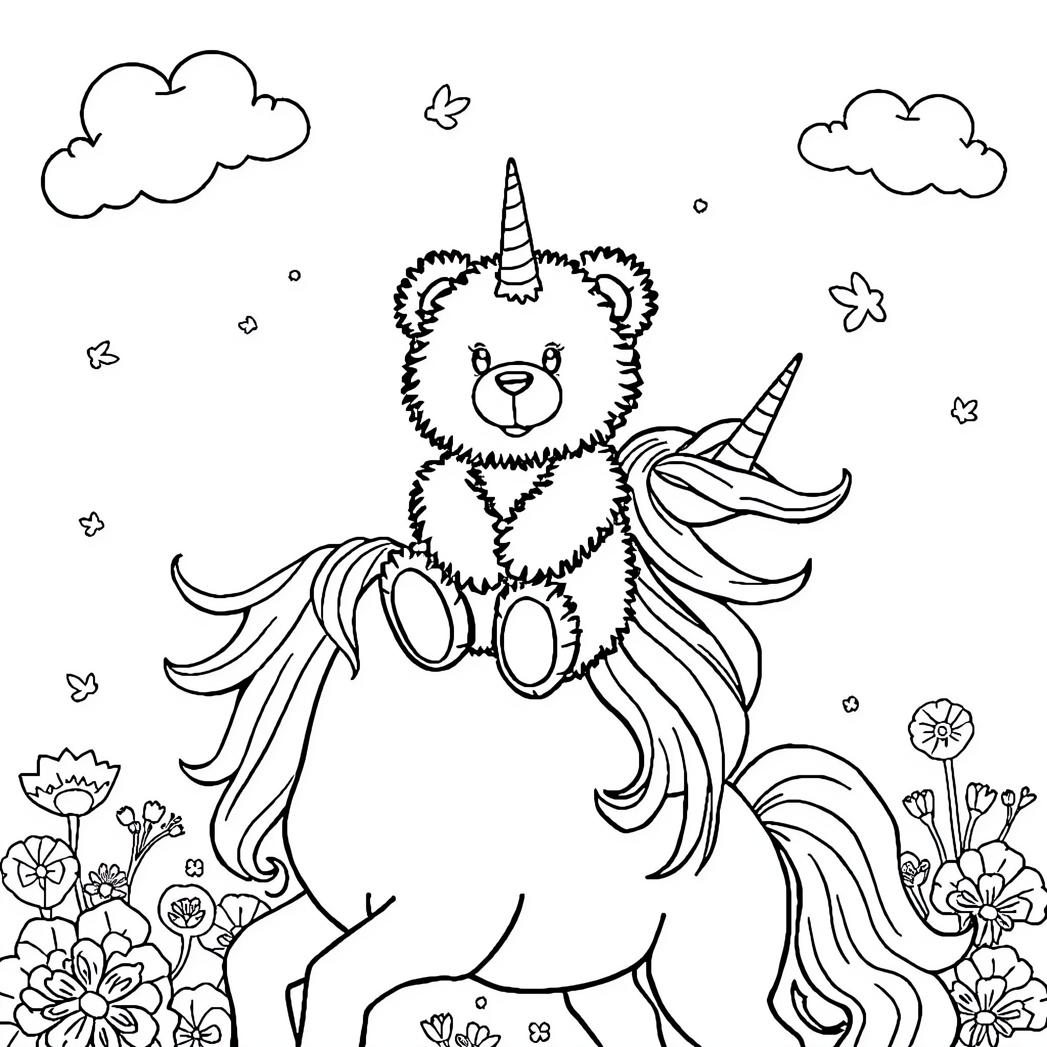 Teddy Bear Unicorn in Enchanted Meadow Coloring Page (free black-and-white line drawing printable PDF for all, from beginners to advanced learners, including children, teens, adults, and seniors)