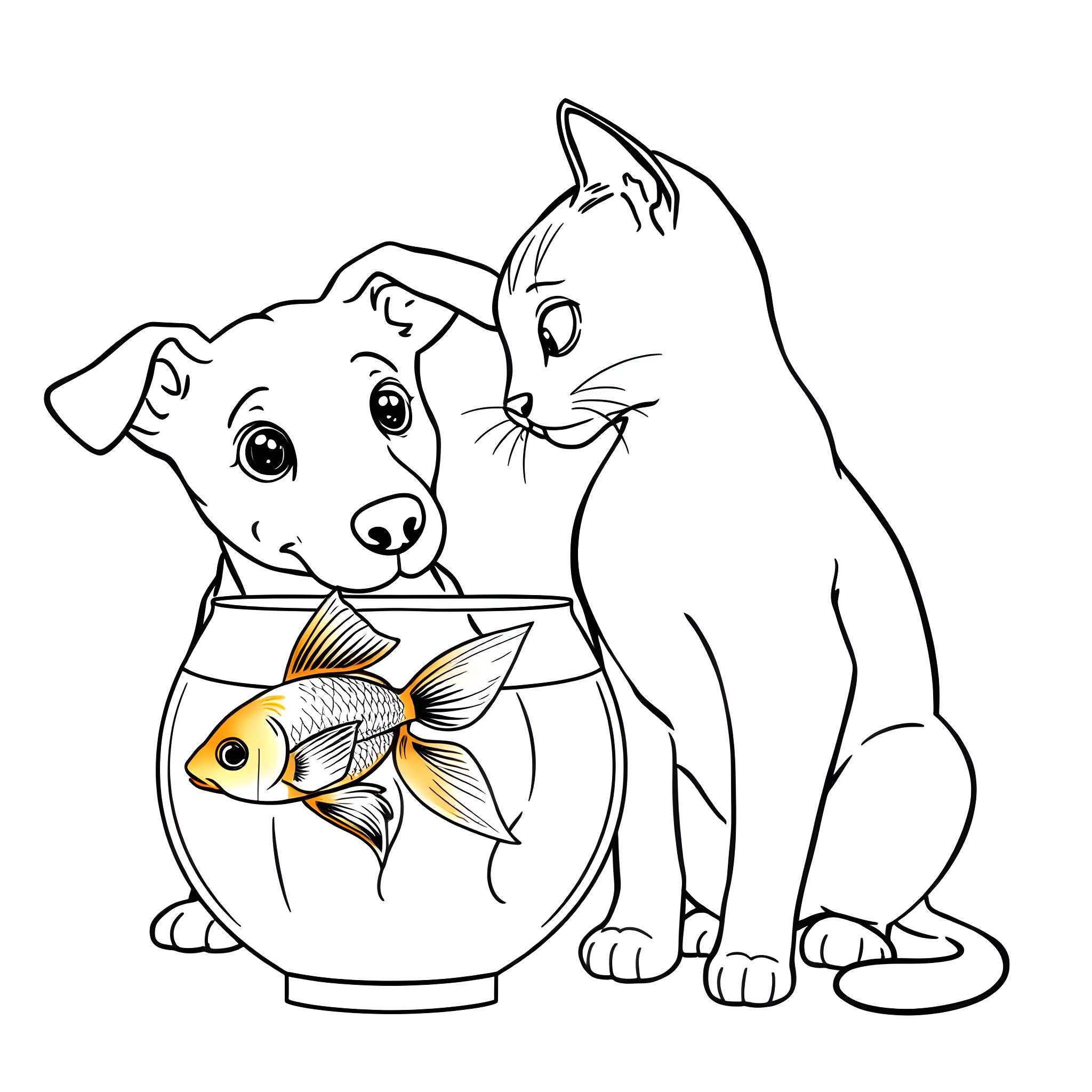 Dog and Cat Admiring Fish in Bowl Coloring Page (free black-and-white line drawing printable PDF for all, from beginners to advanced learners, including children, teens, adults, and seniors)