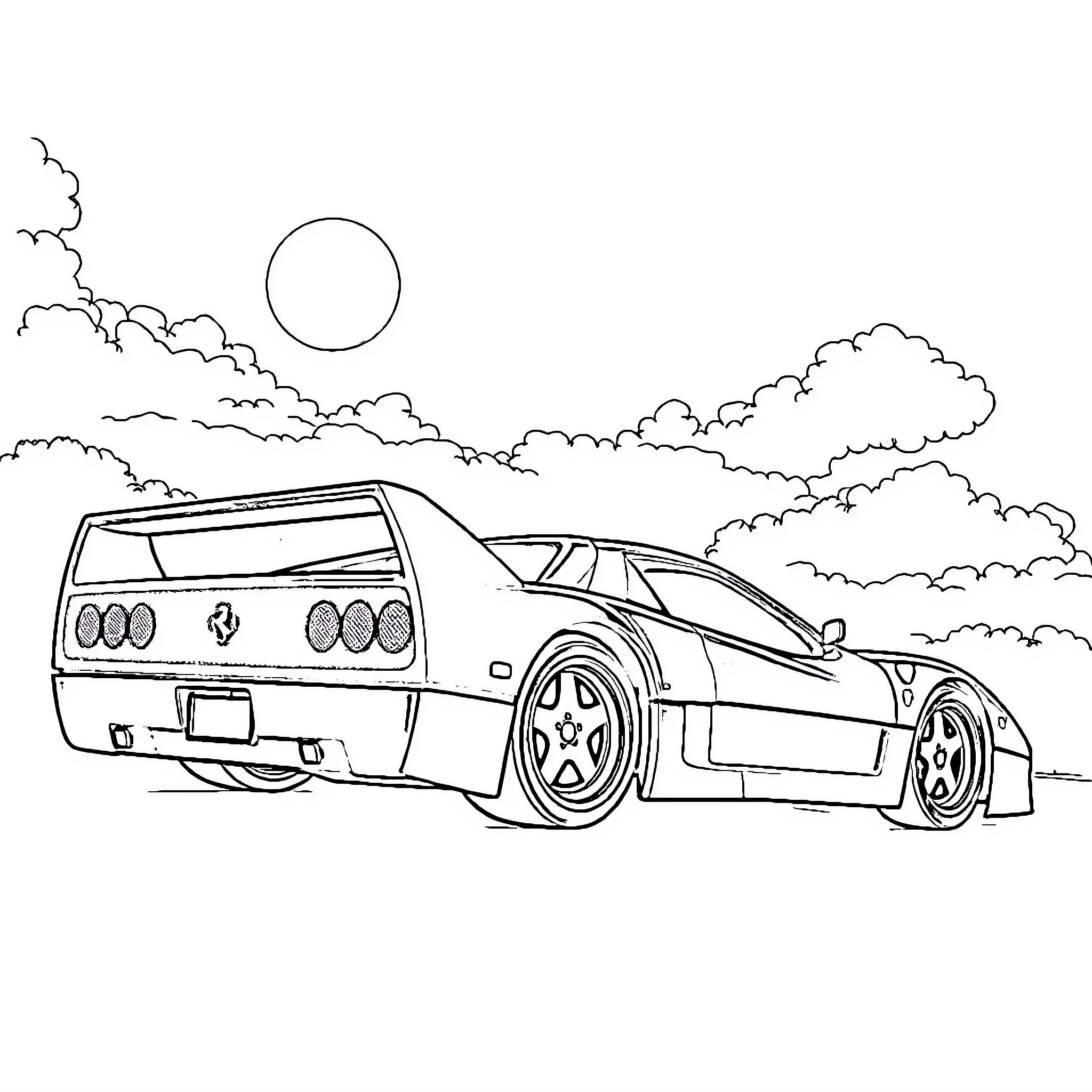 Ferrari sports car speeding through cloudy skies Coloring Page (free black-and-white line drawing printable PDF for all, from beginners to advanced learners, including children, teens, adults, and seniors)