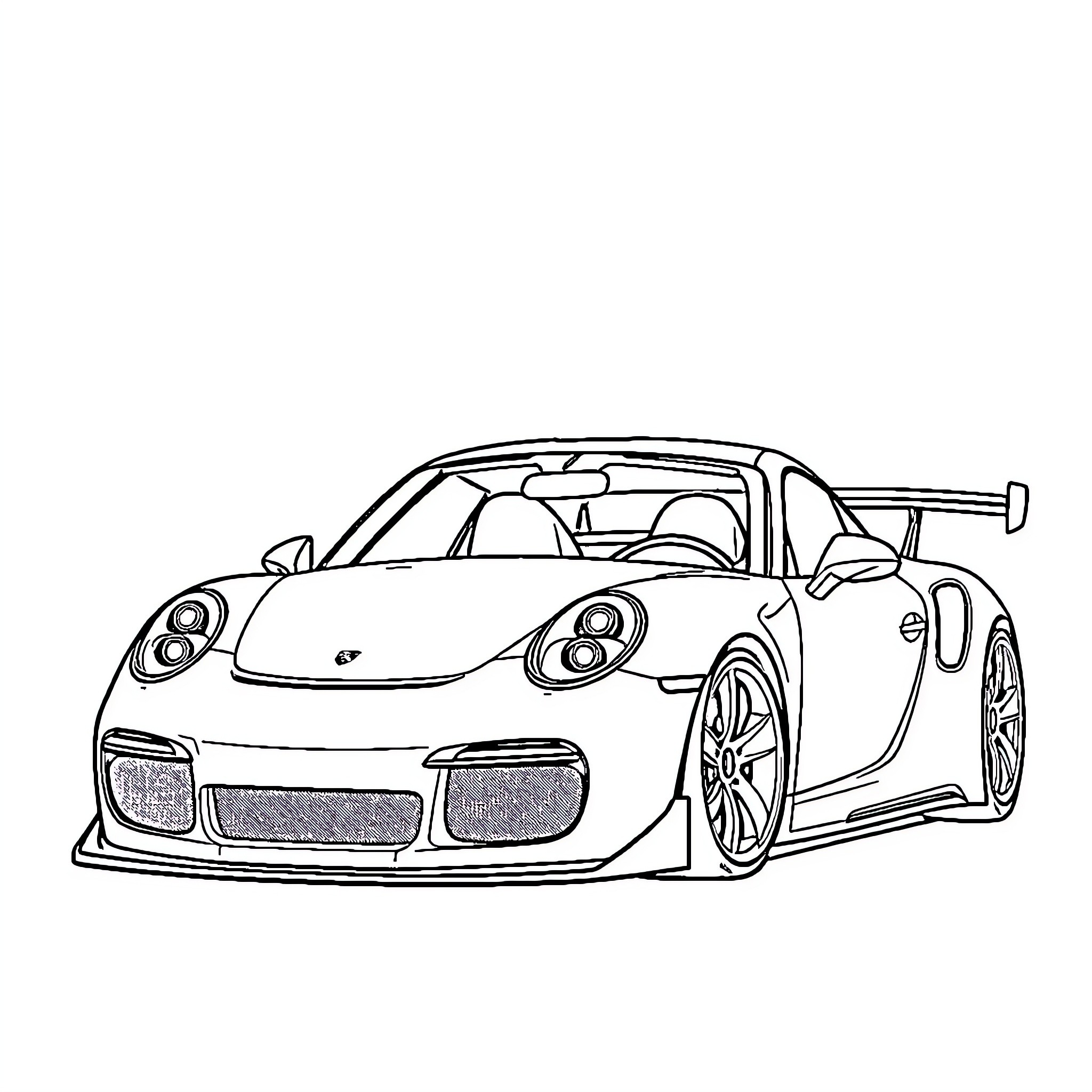 Porsche sports car in racing stance Coloring Page (free black-and-white line drawing printable PDF for all, from beginners to advanced learners, including children, teens, adults, and seniors)