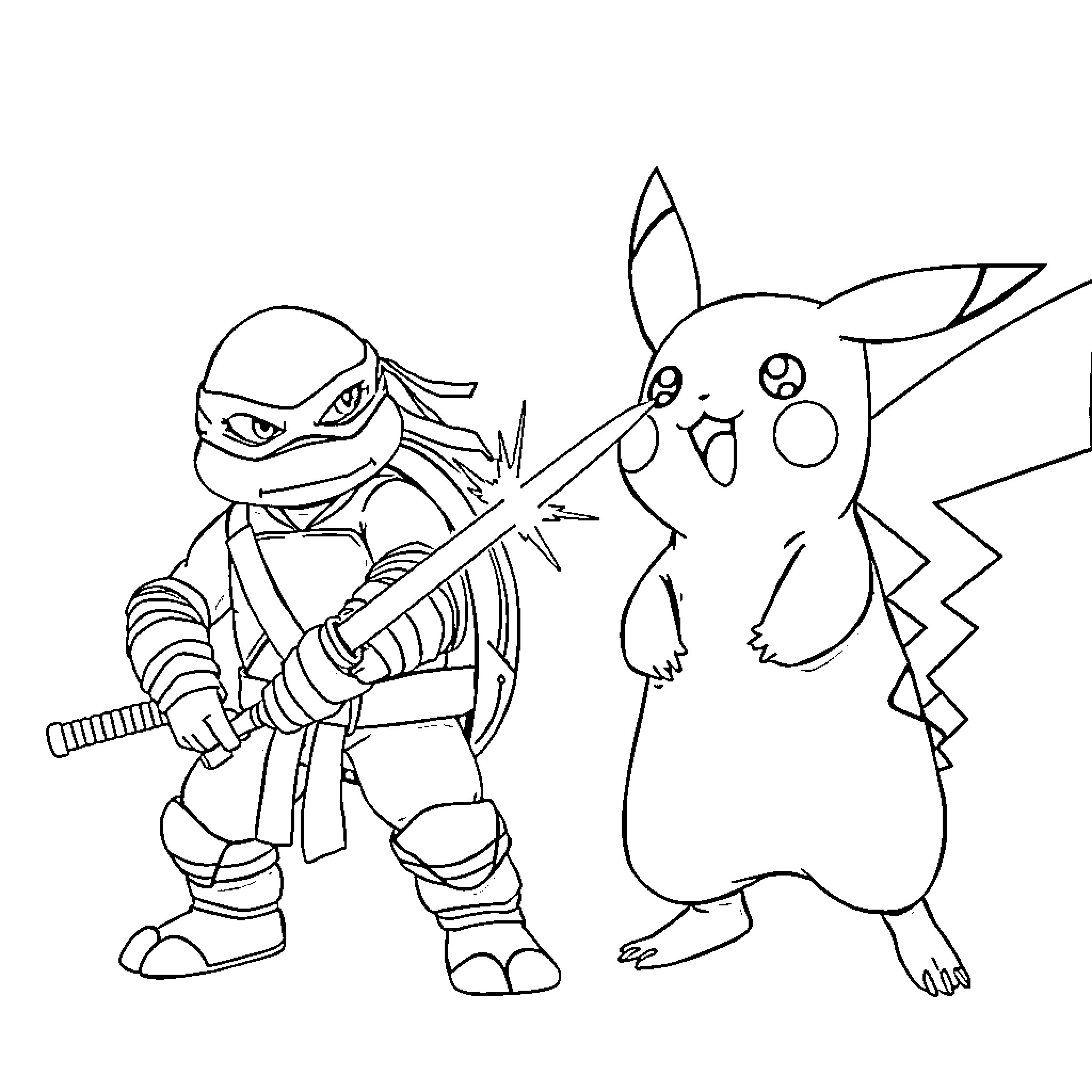 Pikachu and Ninja Turtle in Action Coloring Page (free black-and-white line drawing printable PDF for all, from beginners to advanced learners, including children, teens, adults, and seniors)