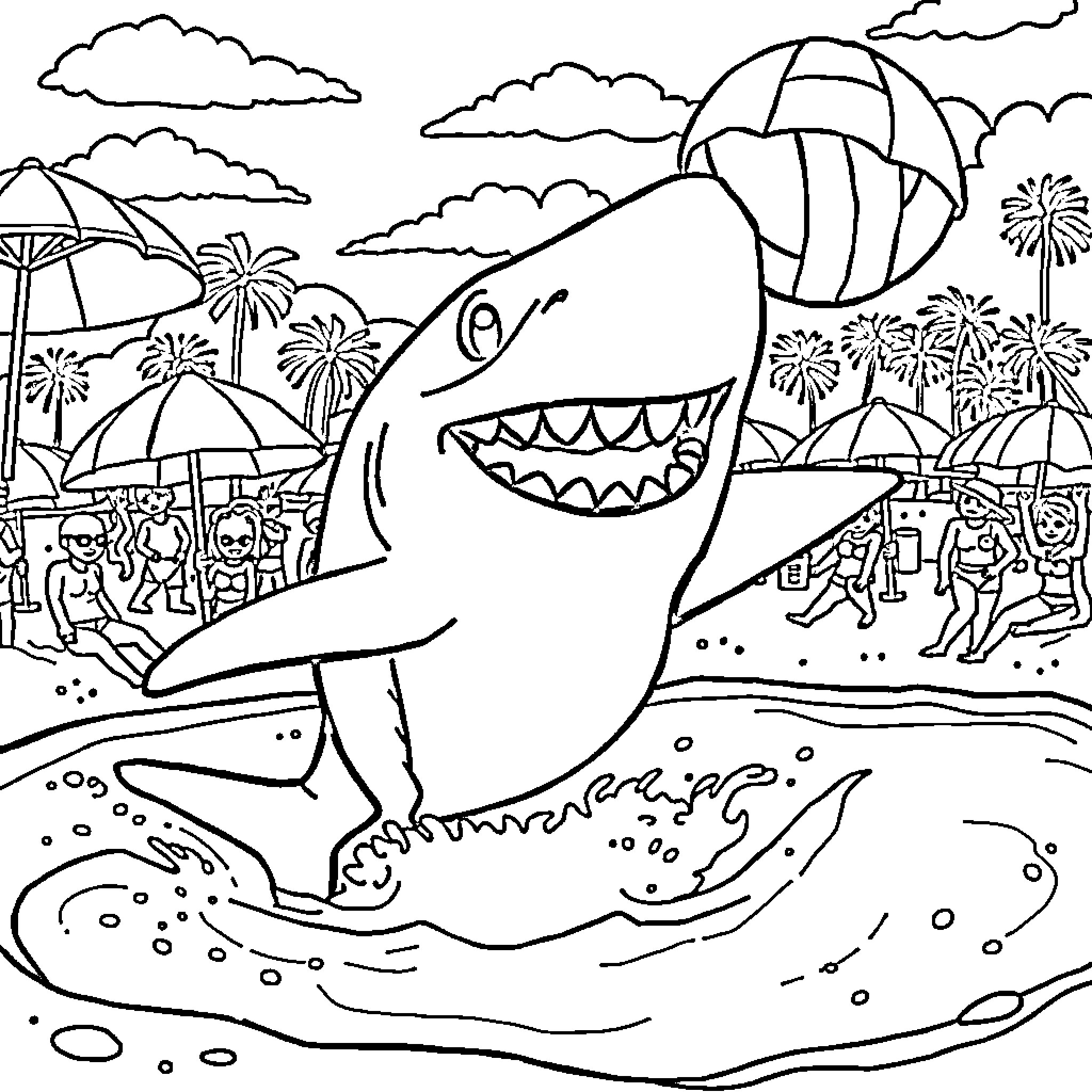 Shark swimming amidst beach carnival festivities Coloring Page (free black-and-white line drawing printable PDF for all, from beginners to advanced learners, including children, teens, adults, and seniors)