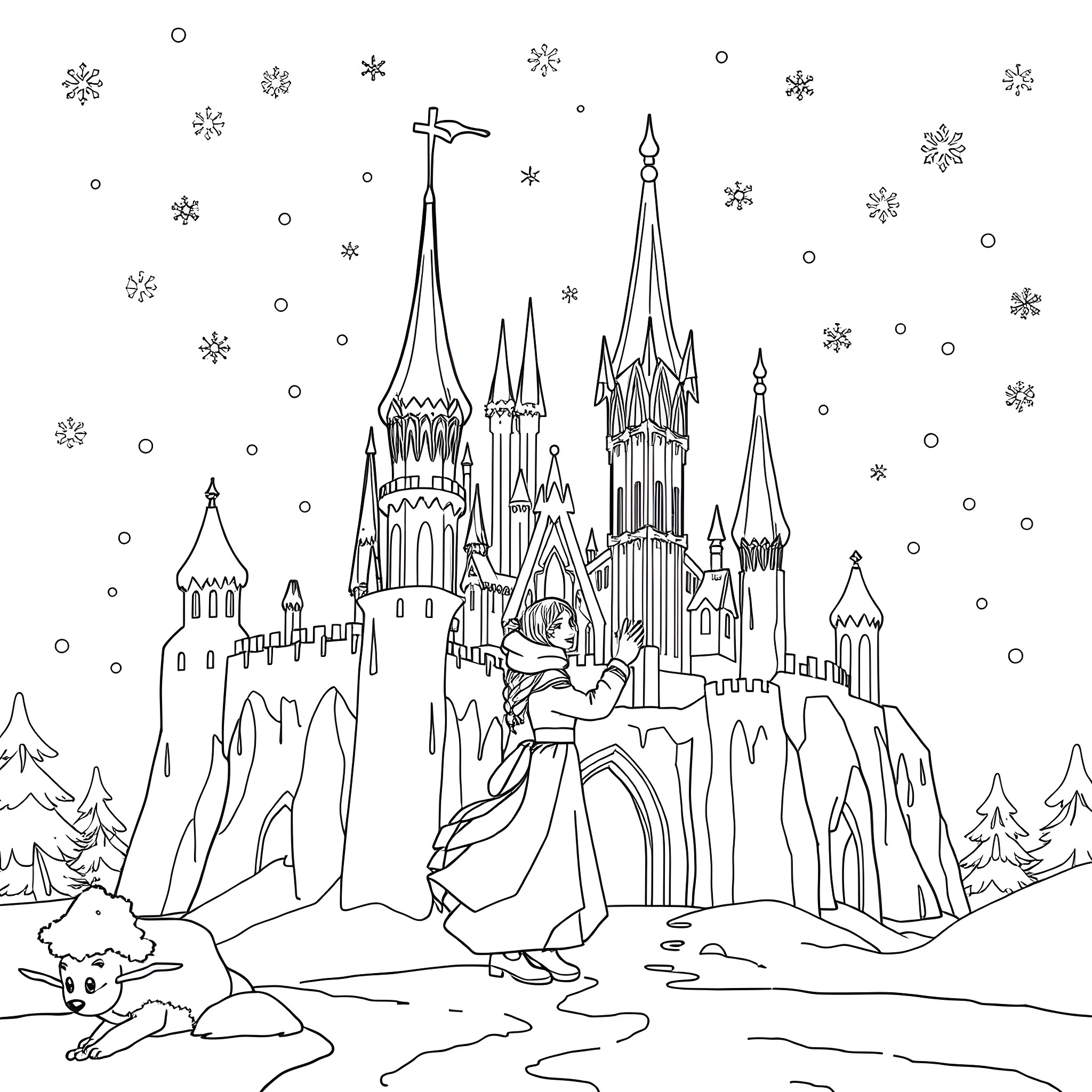 Elza's Winter Castle Adventure Coloring Page (free black-and-white line drawing printable PDF for all, from beginners to advanced learners, including children, teens, adults, and seniors)