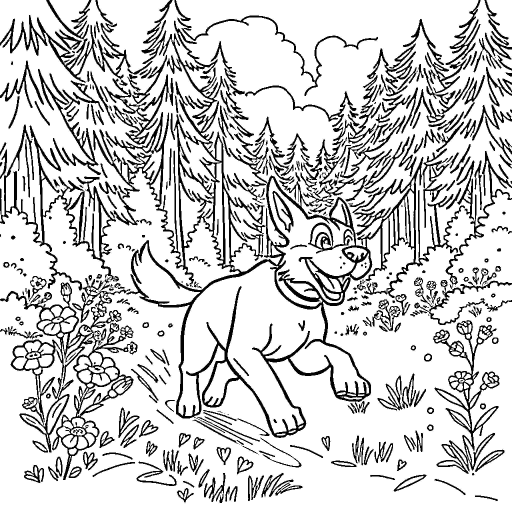 Superdog happily exploring the lush forest Coloring Page (free black-and-white line drawing printable PDF for all, from beginners to advanced learners, including children, teens, adults, and seniors)