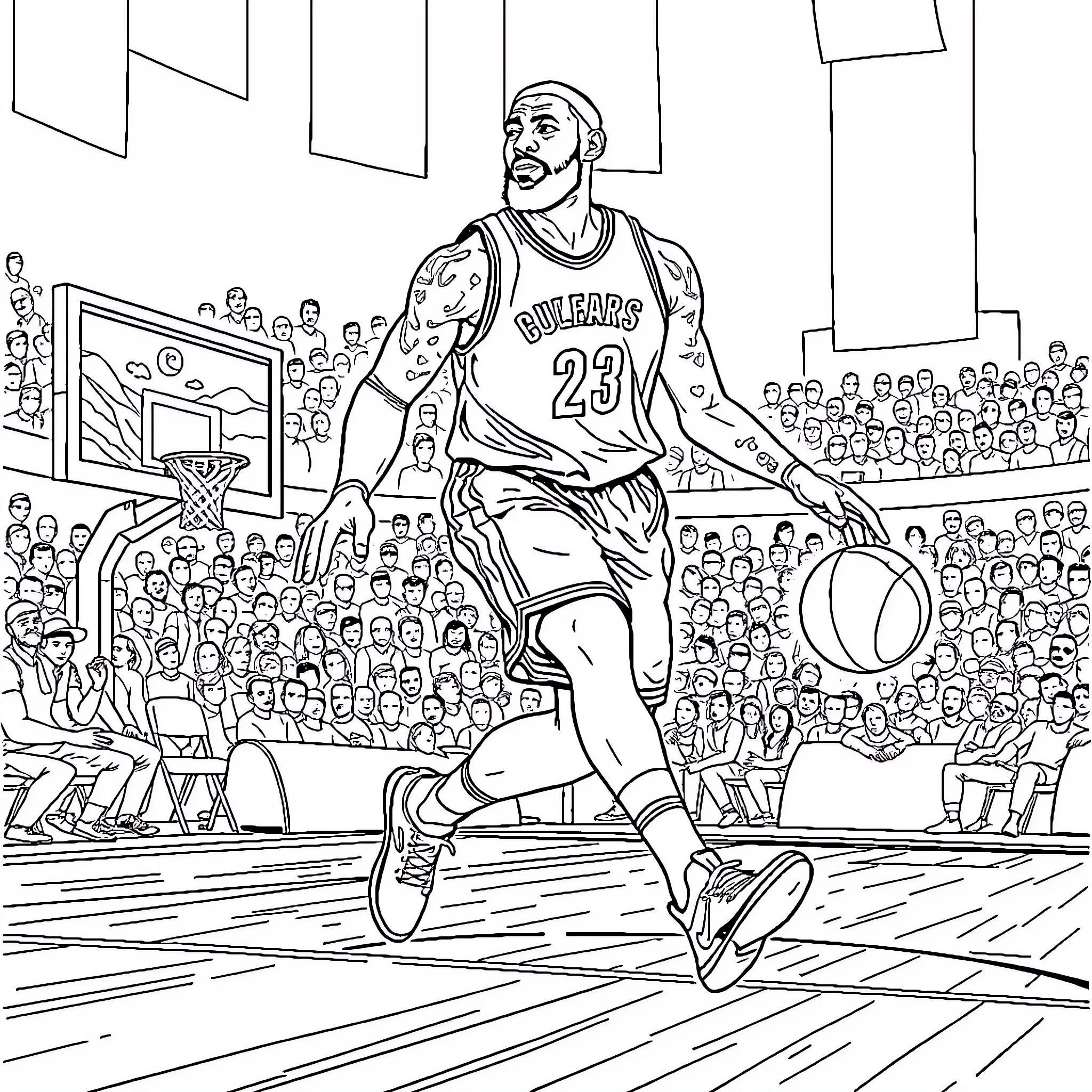 LeBron's Spectacular Basketball Performance Coloring Page (free black-and-white line drawing printable PDF for all, from beginners to advanced learners, including children, teens, adults, and seniors)