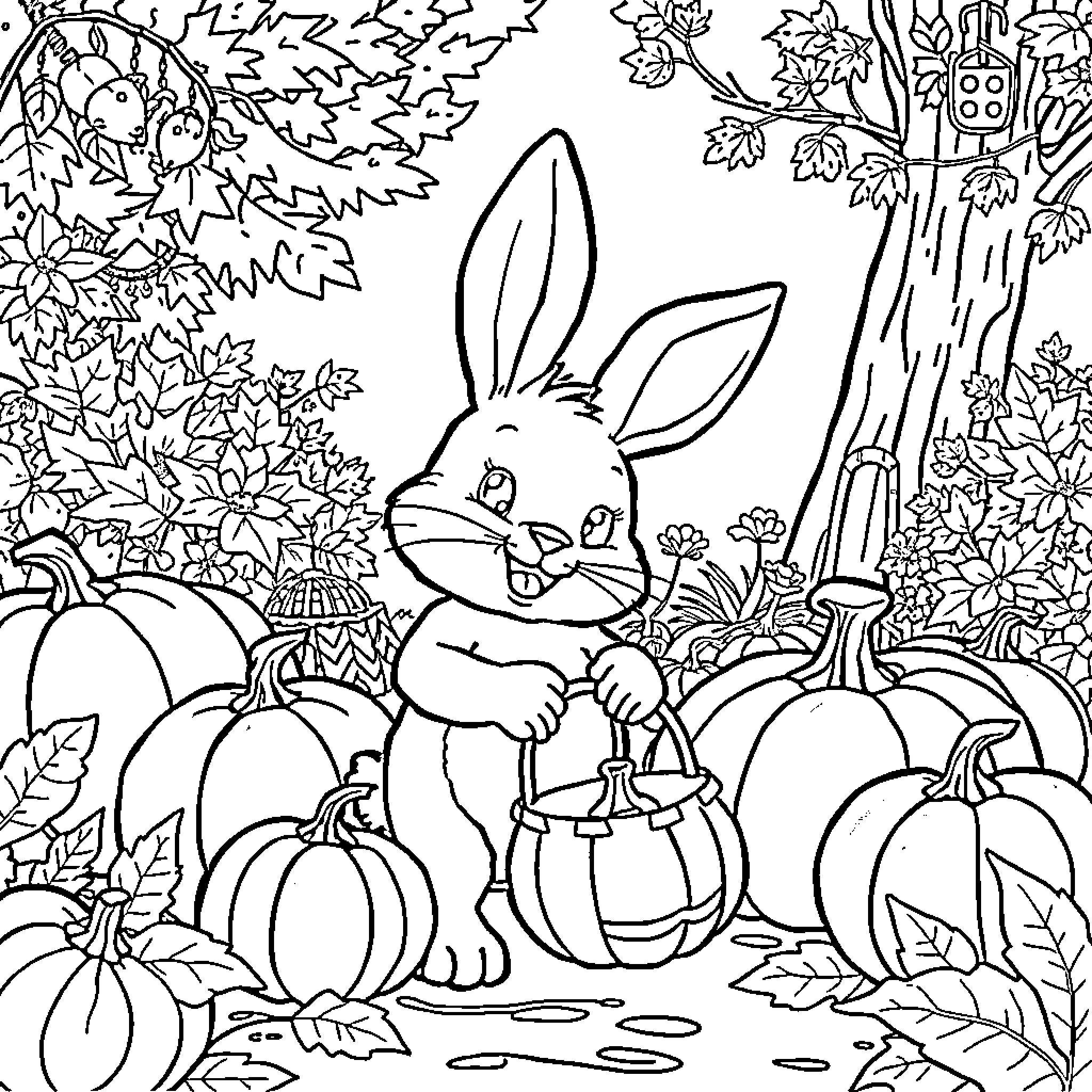 Bunny exploring the autumn scene with pumpkins Coloring Page (free black-and-white line drawing printable PDF for all, from beginners to advanced learners, including children, teens, adults, and seniors)