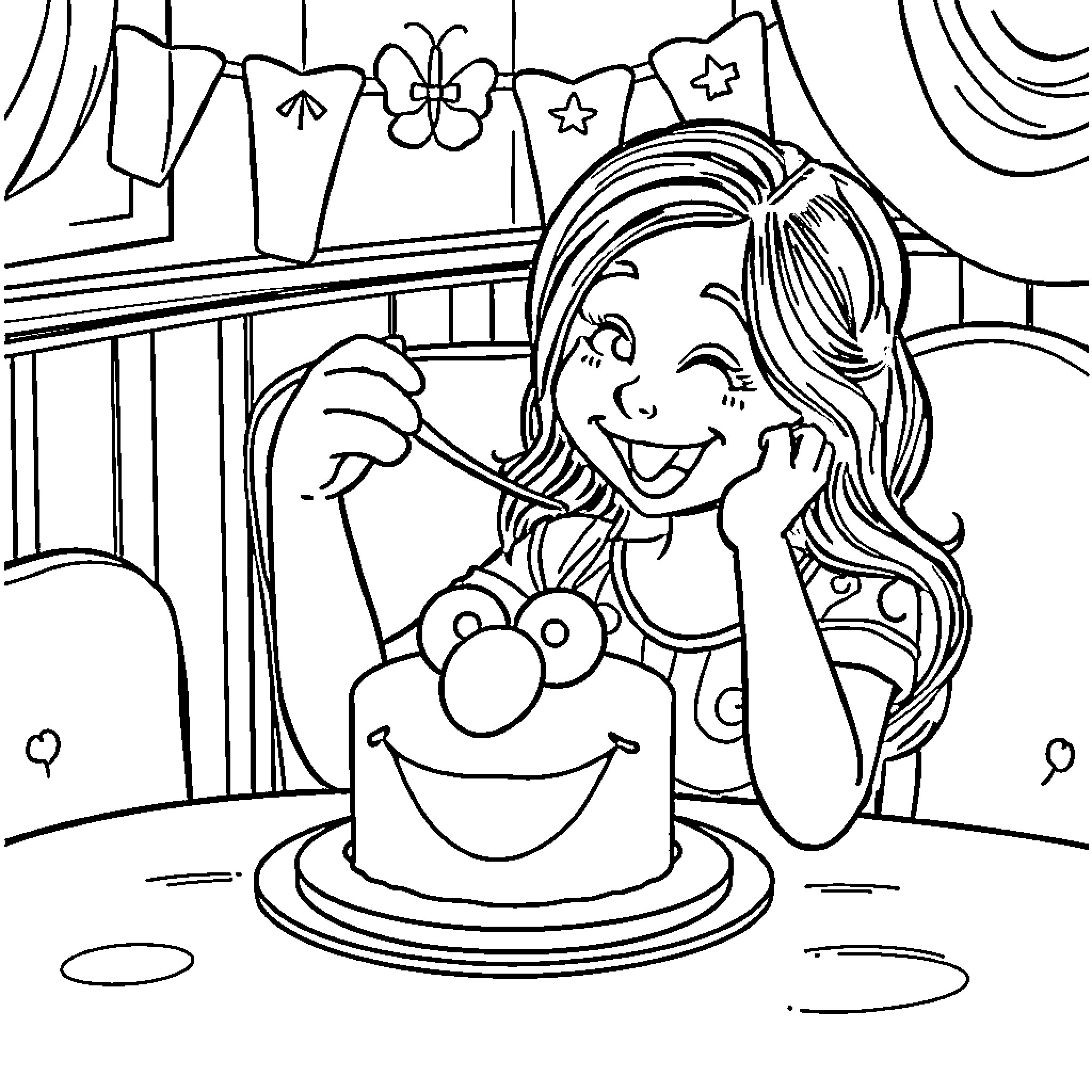 Ms. Racheal Decorating a Cake with a Smile Coloring Page (free black-and-white line drawing printable PDF for all, from beginners to advanced learners, including children, teens, adults, and seniors)