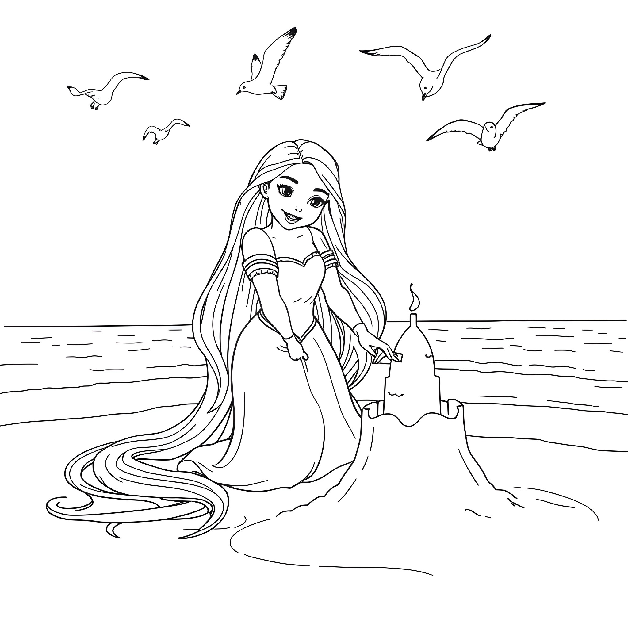 Rapunzel enjoying a day by the sea Coloring Page (free black-and-white line drawing printable PDF for all, from beginners to advanced learners, including children, teens, adults, and seniors)