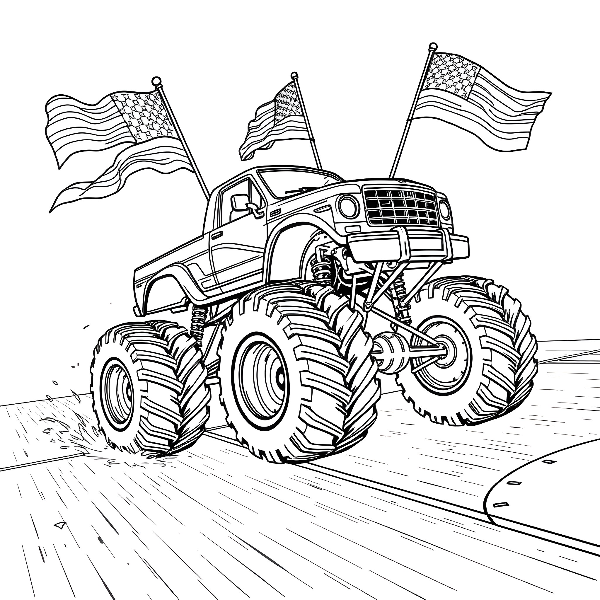 Monster Truck Speeding Across the Field with American Flags Coloring Page (free black-and-white line drawing printable PDF for all, from beginners to advanced learners, including children, teens, adults, and seniors)