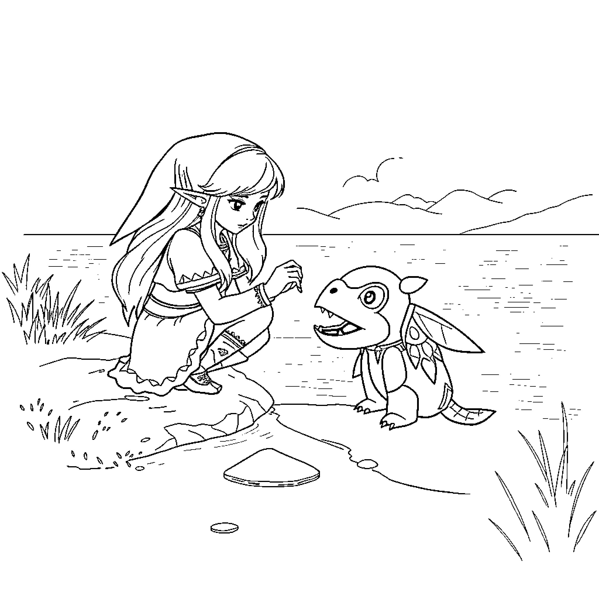 Zelda Exploring Nature with Friendly Creature Coloring Page (free black-and-white line drawing printable PDF for all, from beginners to advanced learners, including children, teens, adults, and seniors)