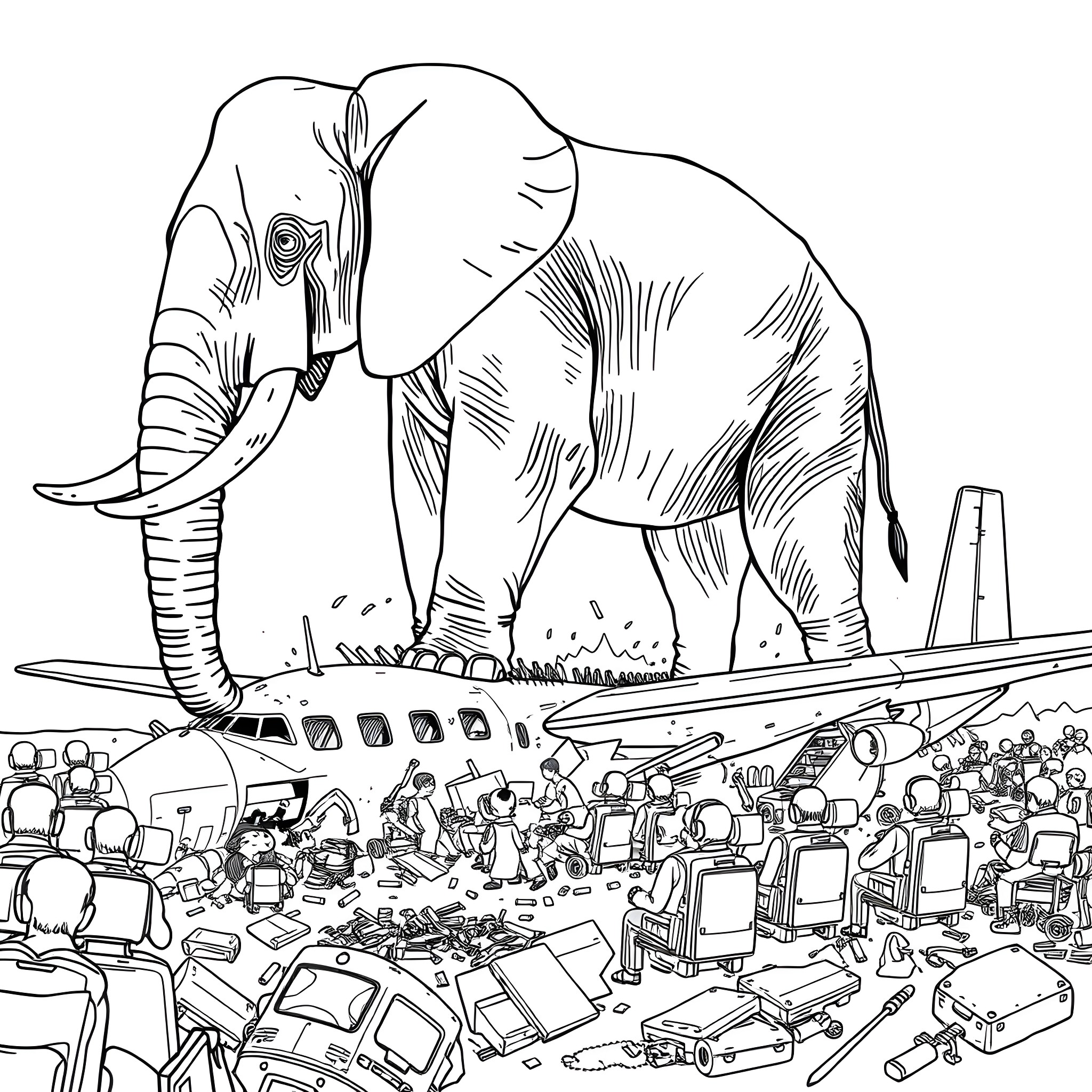 Elephant standing over a busy airport scene Coloring Page (free black-and-white line drawing printable PDF for all, from beginners to advanced learners, including children, teens, adults, and seniors)