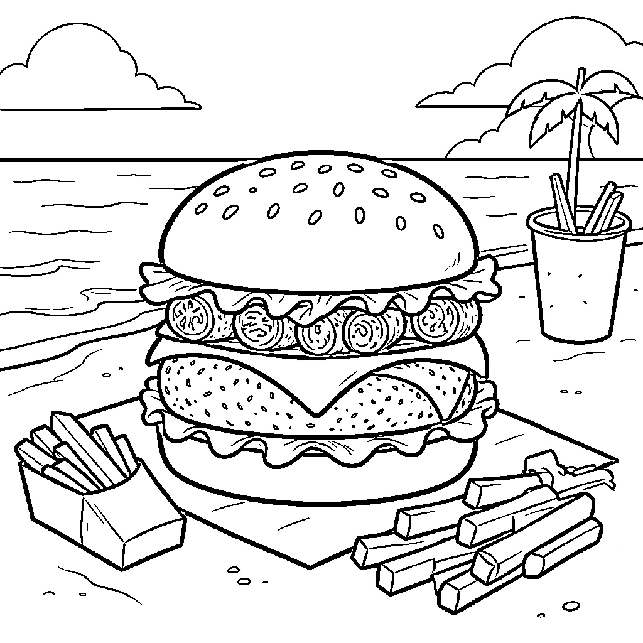 Burger and fries served on a sunny beach Coloring Page (free black-and-white line drawing printable PDF for all, from beginners to advanced learners, including children, teens, adults, and seniors)