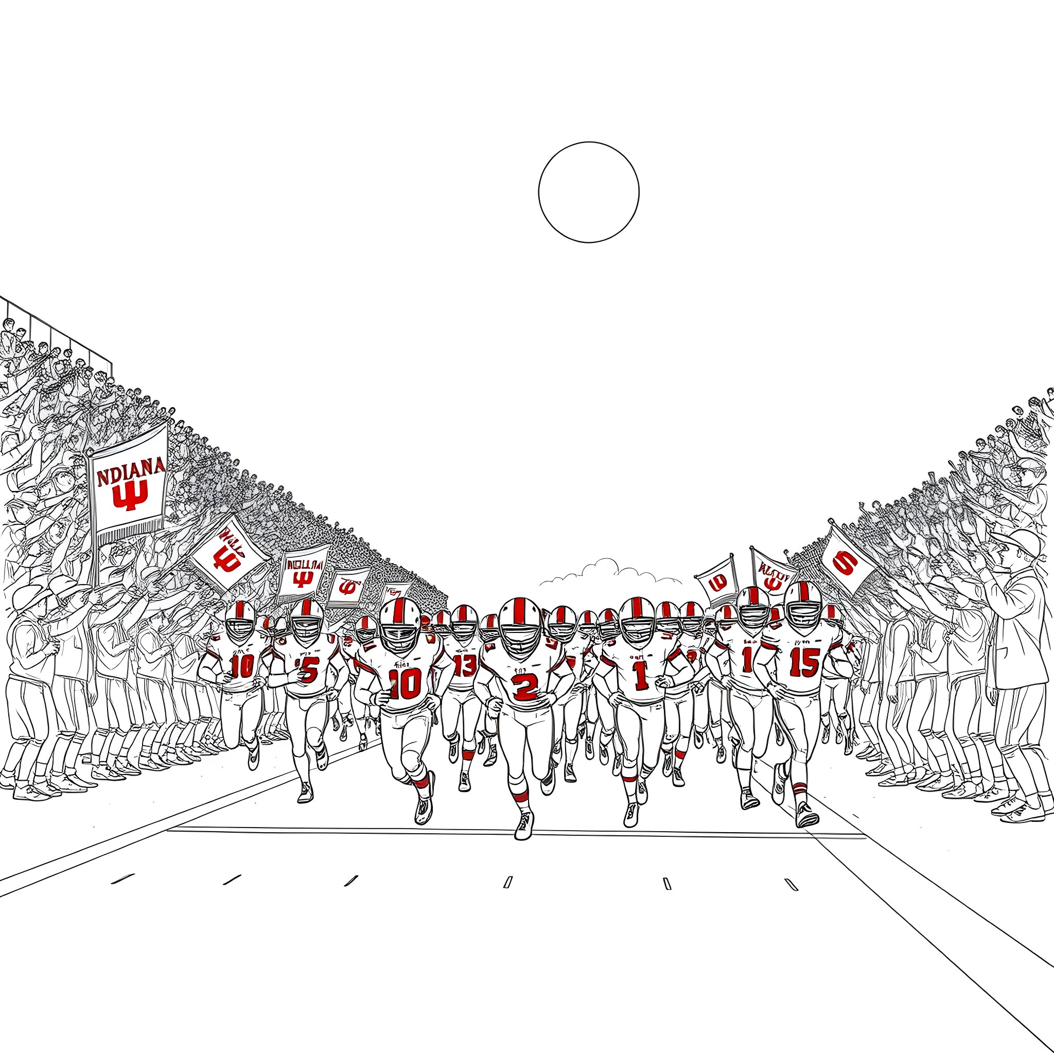 Football players marching in formation on the field Coloring Page (free black-and-white line drawing printable PDF for all, from beginners to advanced learners, including children, teens, adults, and seniors)