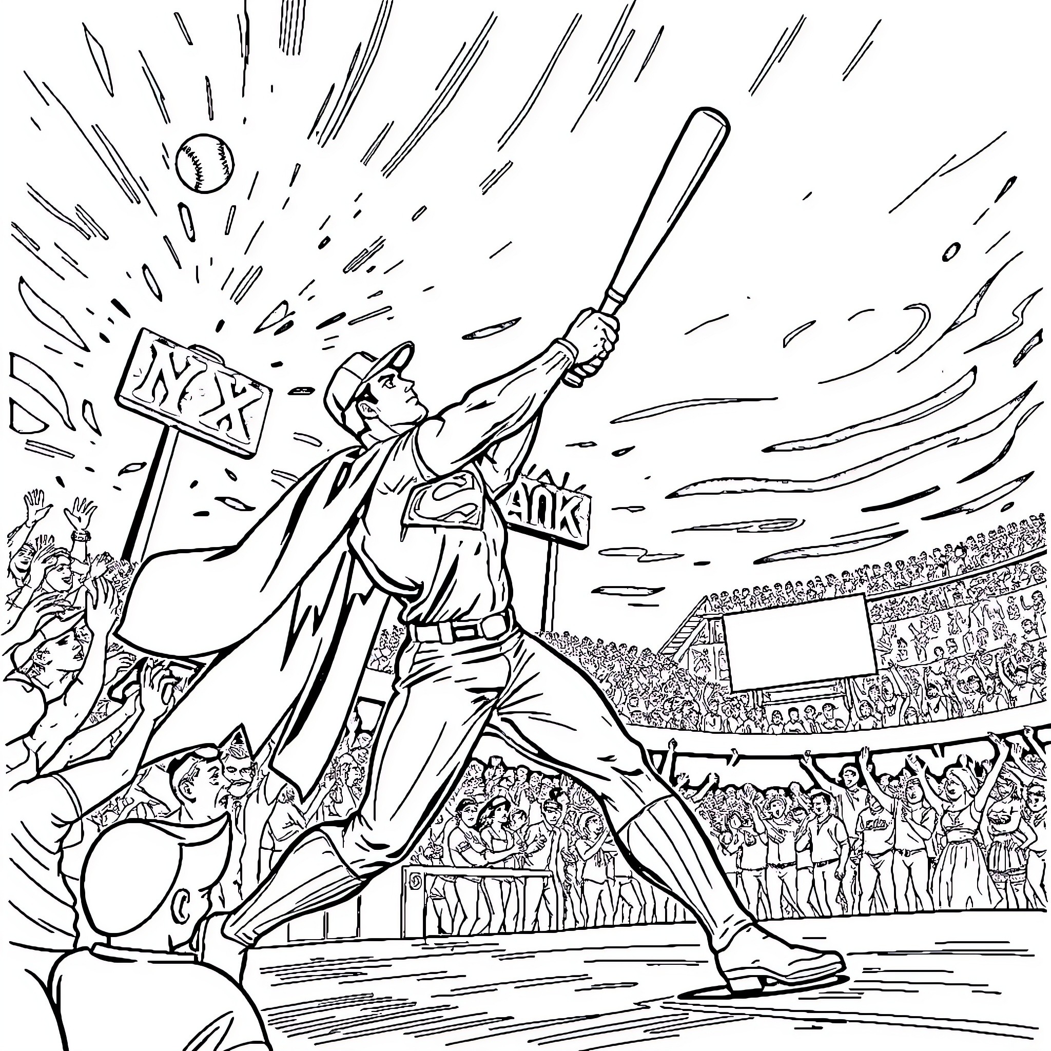 Superman battling enemies in an epic superhero showdown Coloring Page (free black-and-white line drawing printable PDF for all, from beginners to advanced learners, including children, teens, adults, and seniors)