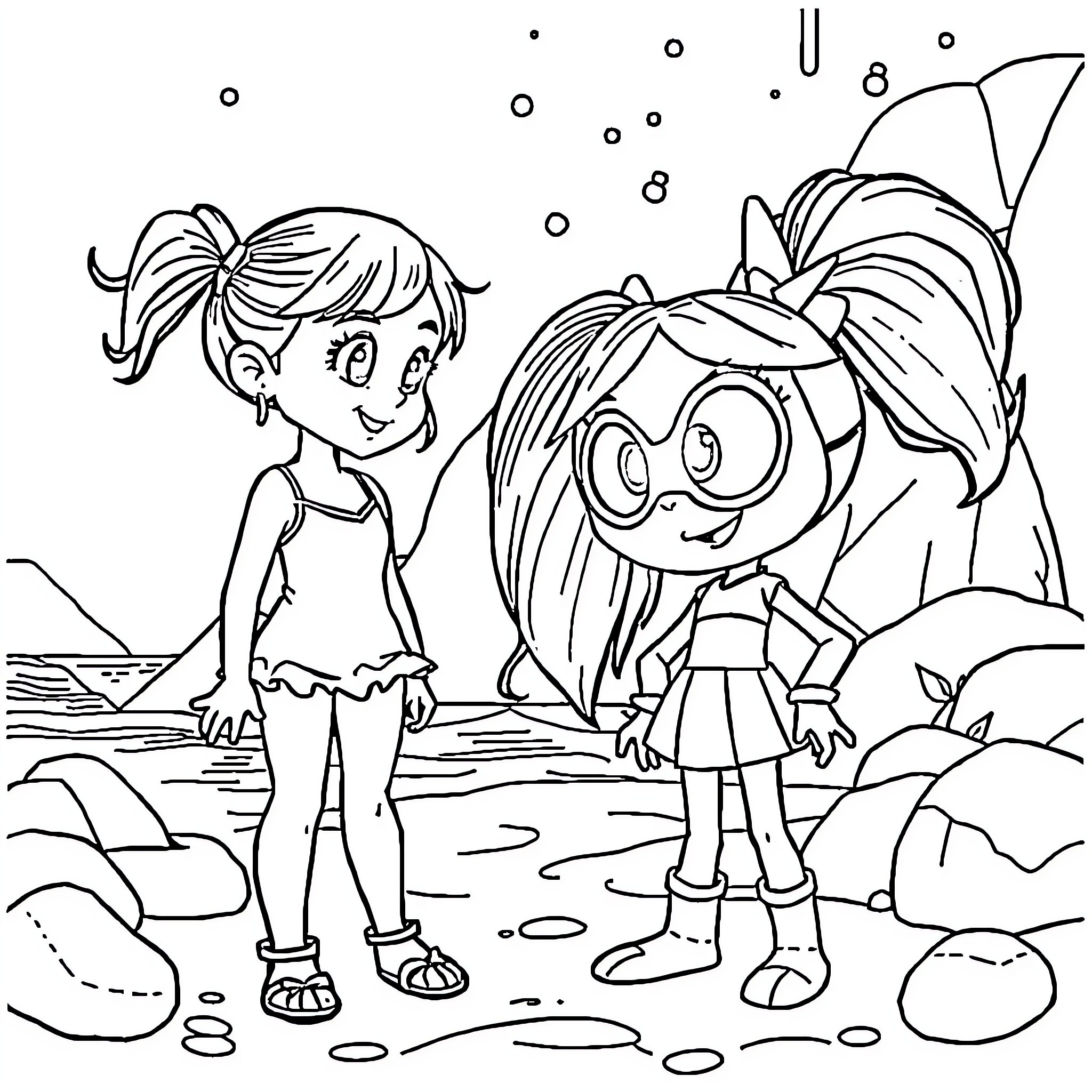Girl friends explore the beach together Coloring Page (free black-and-white line drawing printable PDF for all, from beginners to advanced learners, including children, teens, adults, and seniors)