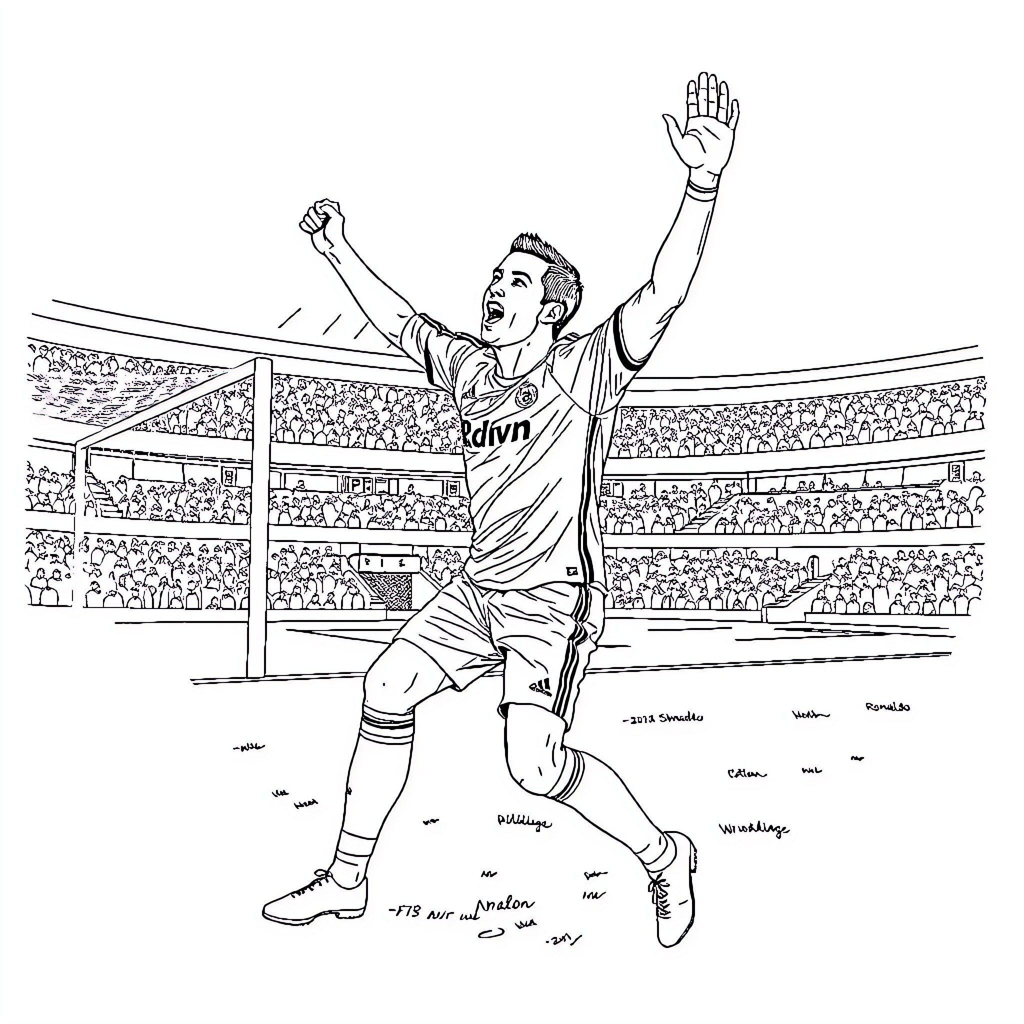 Cristiano Ronaldo Celebrates Victory on the Pitch Coloring Page (free black-and-white line drawing printable PDF for all, from beginners to advanced learners, including children, teens, adults, and seniors)