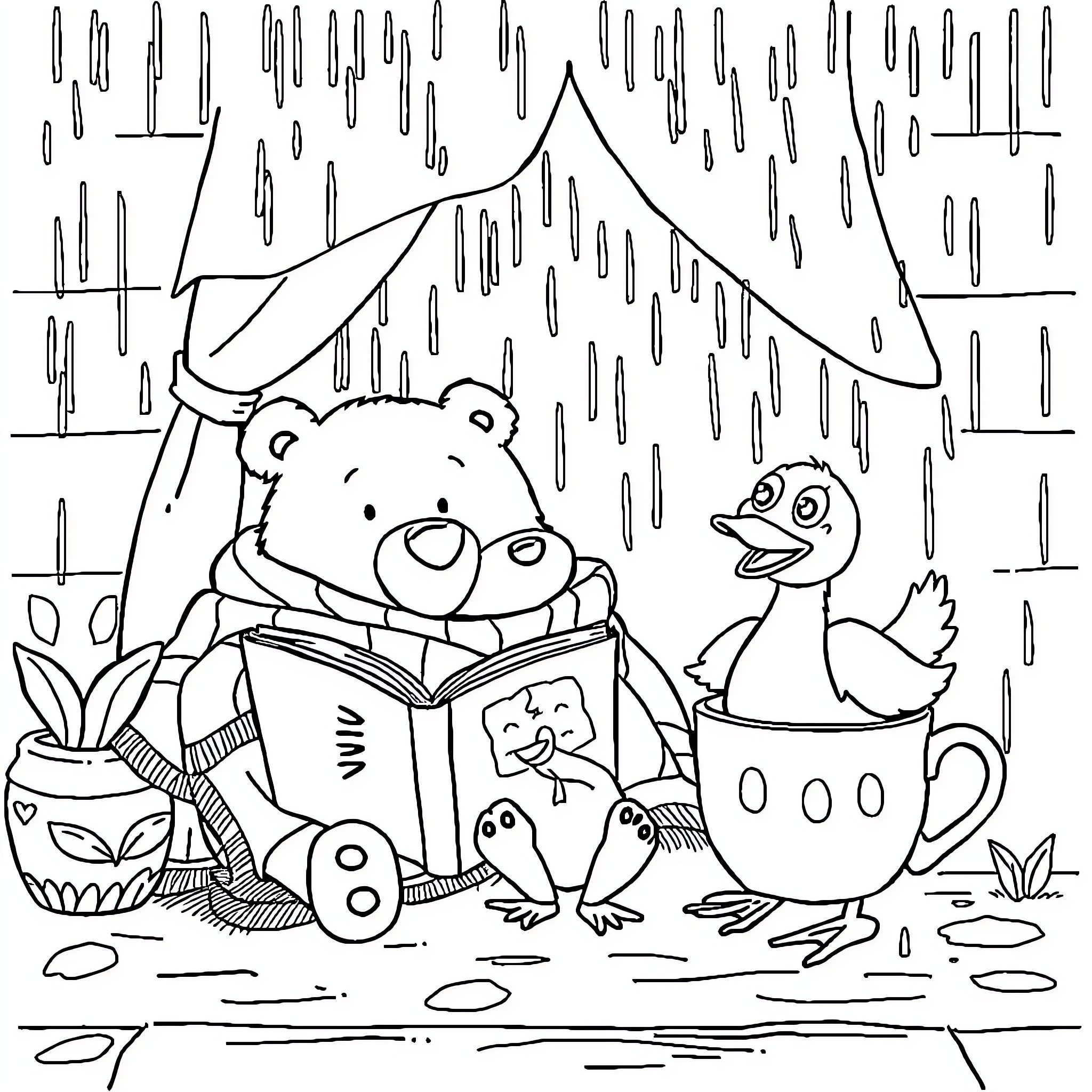 Bear reading a book with a duck and frog under the rain Coloring Page (free black-and-white line drawing printable PDF for all, from beginners to advanced learners, including children, teens, adults, and seniors)