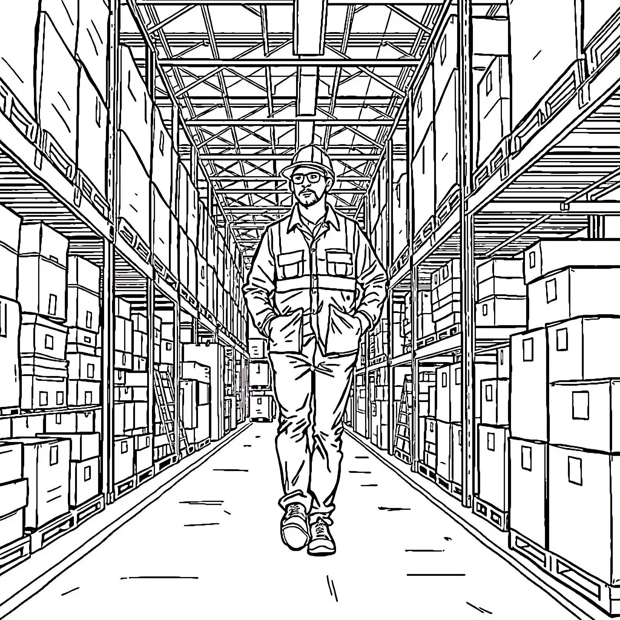 Inspector Examining Warehouse Inventory and Supplies Coloring Page (free black-and-white line drawing printable PDF for all, from beginners to advanced learners, including children, teens, adults, and seniors)