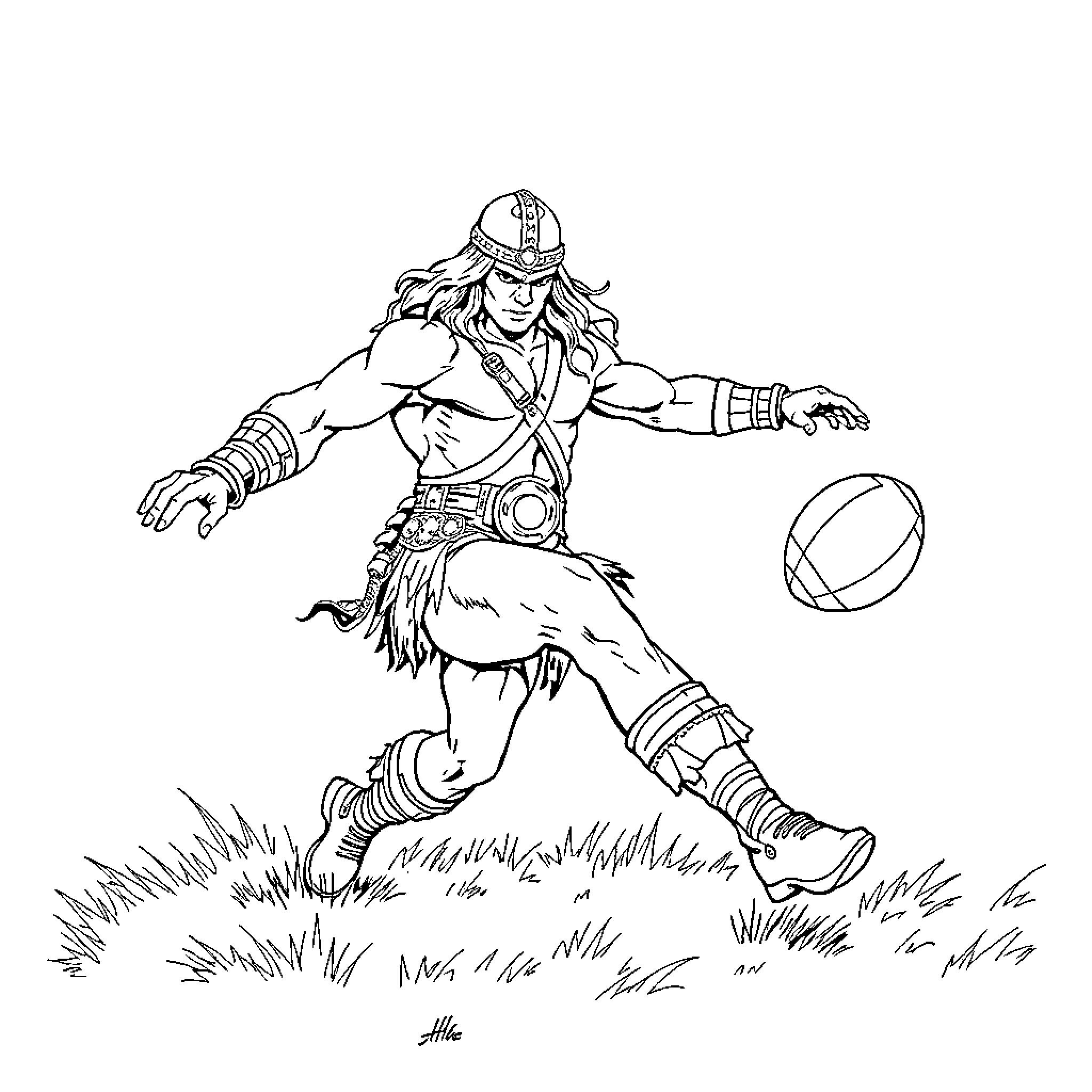 Conan the Barbarian playing with ball in the field Coloring Page (free black-and-white line drawing printable PDF for all, from beginners to advanced learners, including children, teens, adults, and seniors)