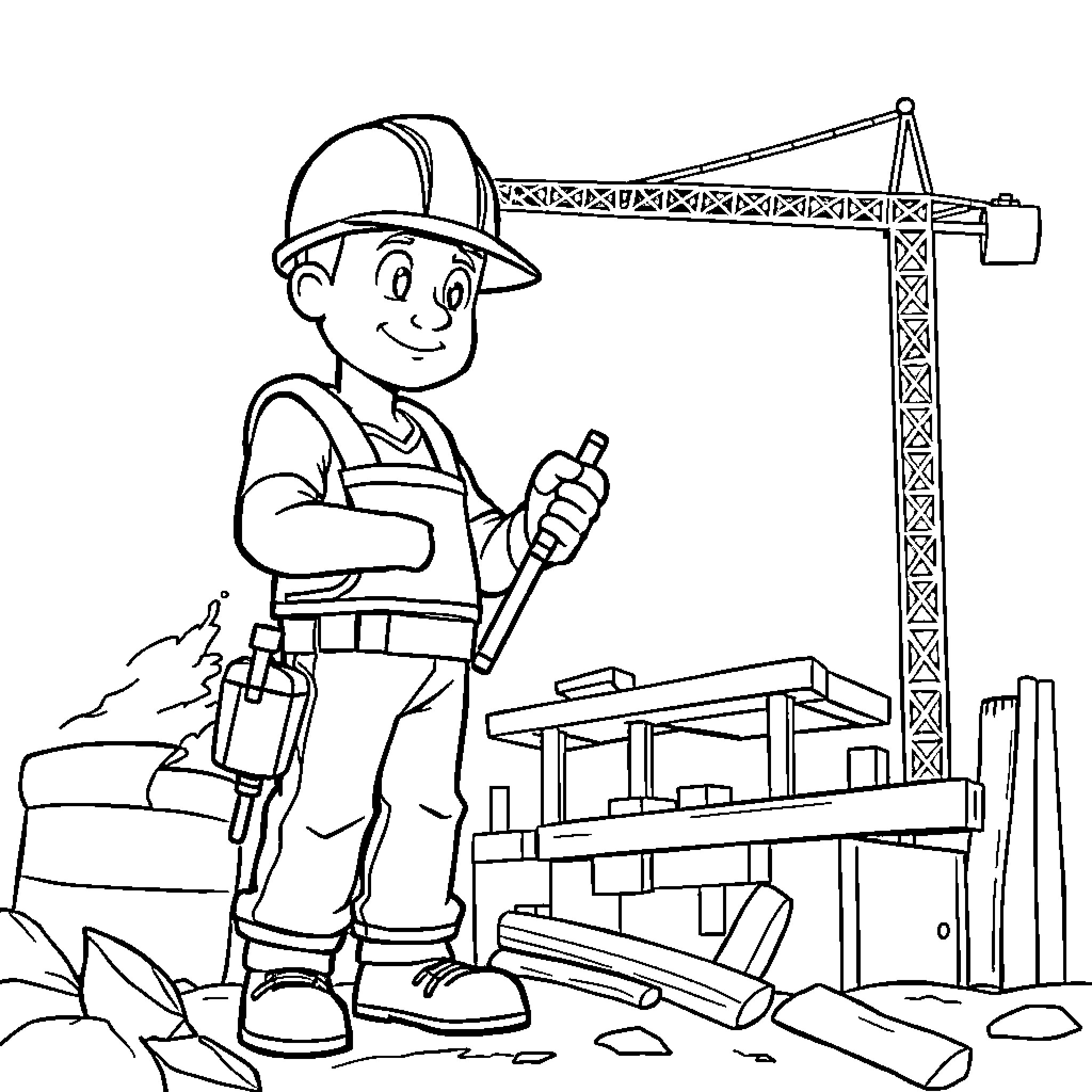 Construction Equipment Operator at Work Site Coloring Page (free black-and-white line drawing printable PDF for all, from beginners to advanced learners, including children, teens, adults, and seniors)