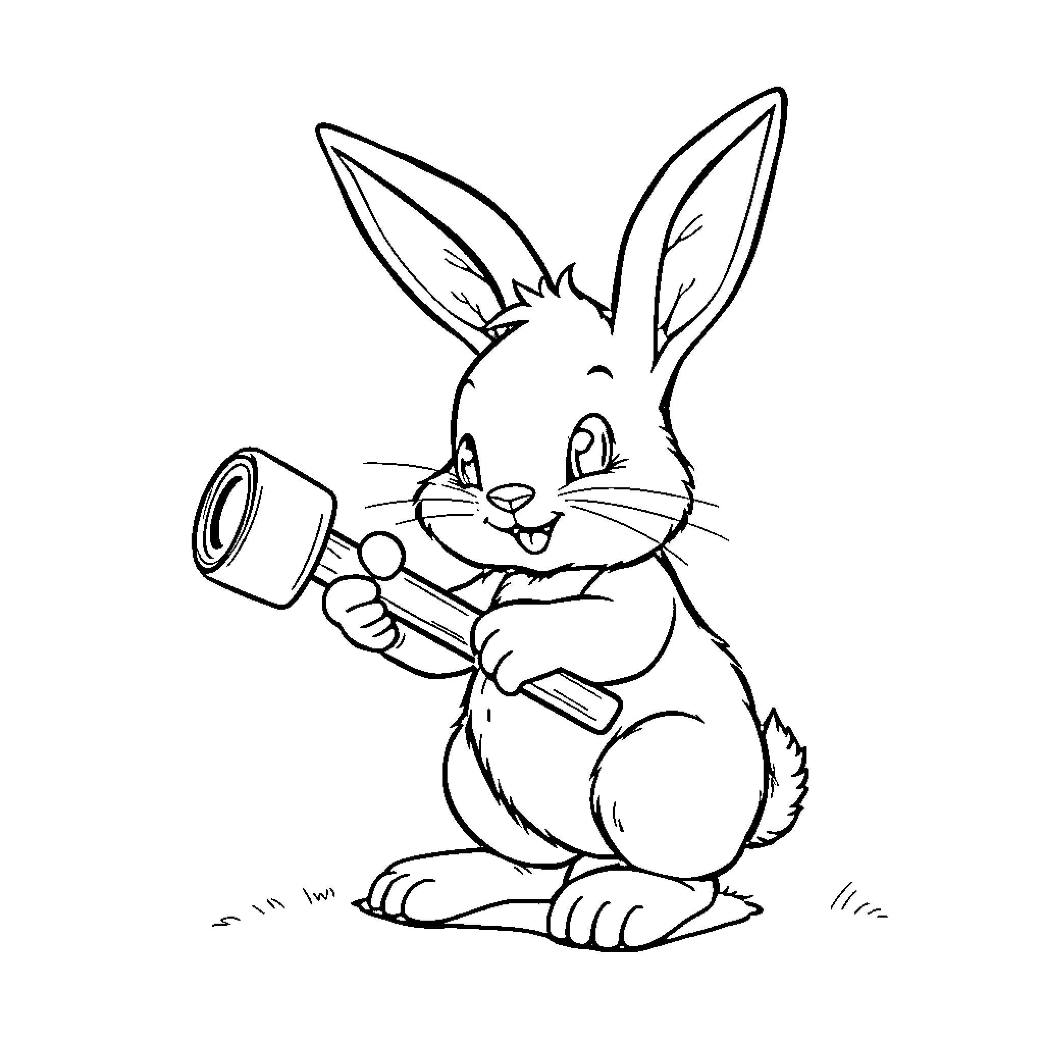 Bunny holding a camera and smiling happily Coloring Page (free black-and-white line drawing printable PDF for all, from beginners to advanced learners, including children, teens, adults, and seniors)