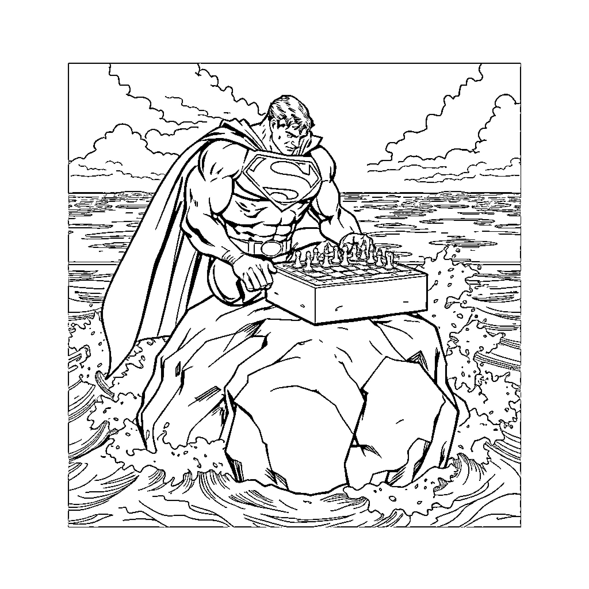 Superman playing chess on a rocky cliff Coloring Page (free black-and-white line drawing printable PDF for all, from beginners to advanced learners, including children, teens, adults, and seniors)