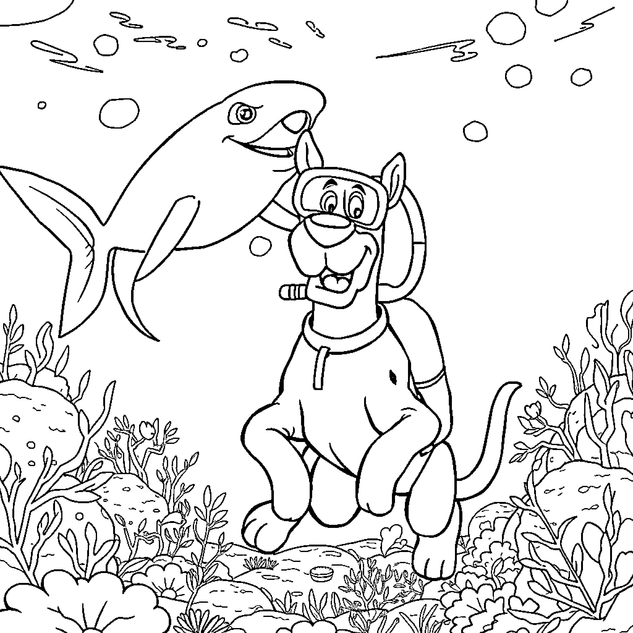 Scooby Doo and the Underwater Sea Creature Coloring Page (free black-and-white line drawing printable PDF for all, from beginners to advanced learners, including children, teens, adults, and seniors)