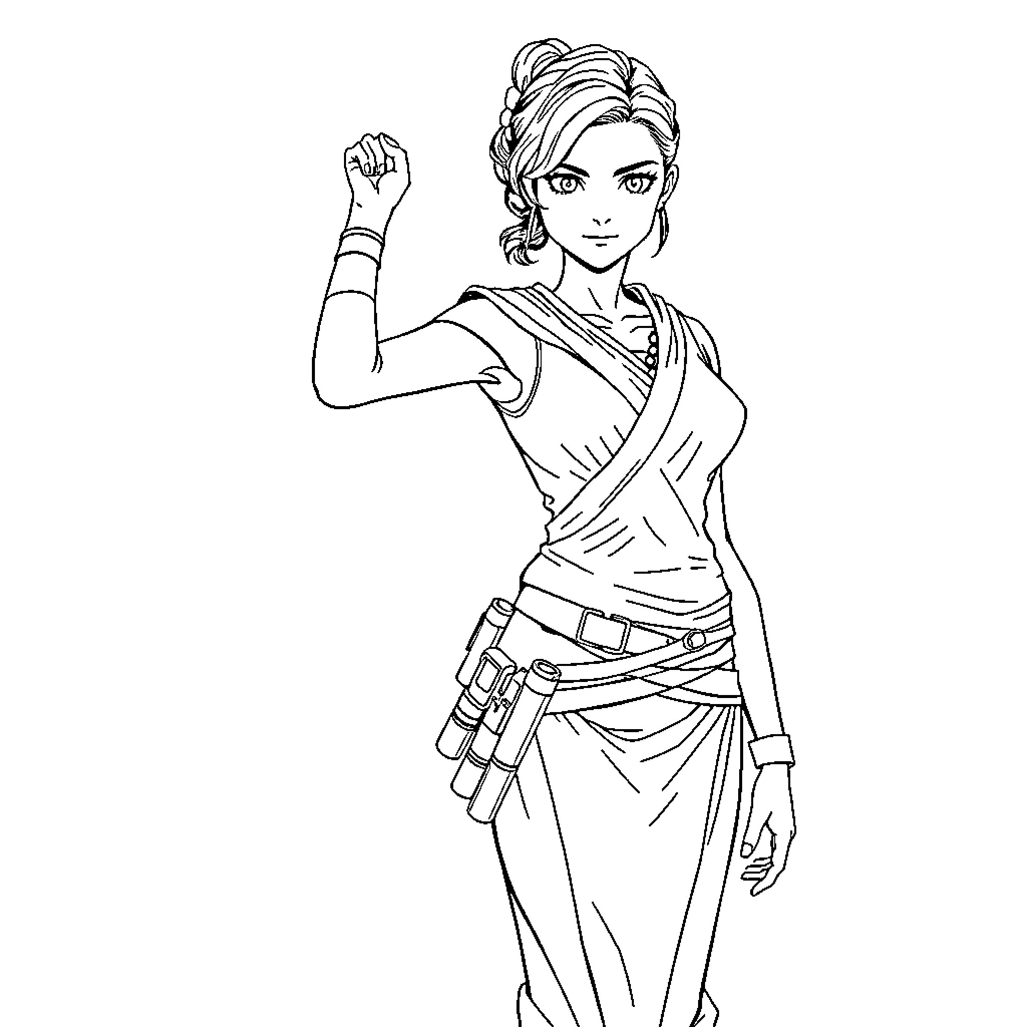 Rey in Heroic Pose with Determination Coloring Page (free black-and-white line drawing printable PDF for all, from beginners to advanced learners, including children, teens, adults, and seniors)