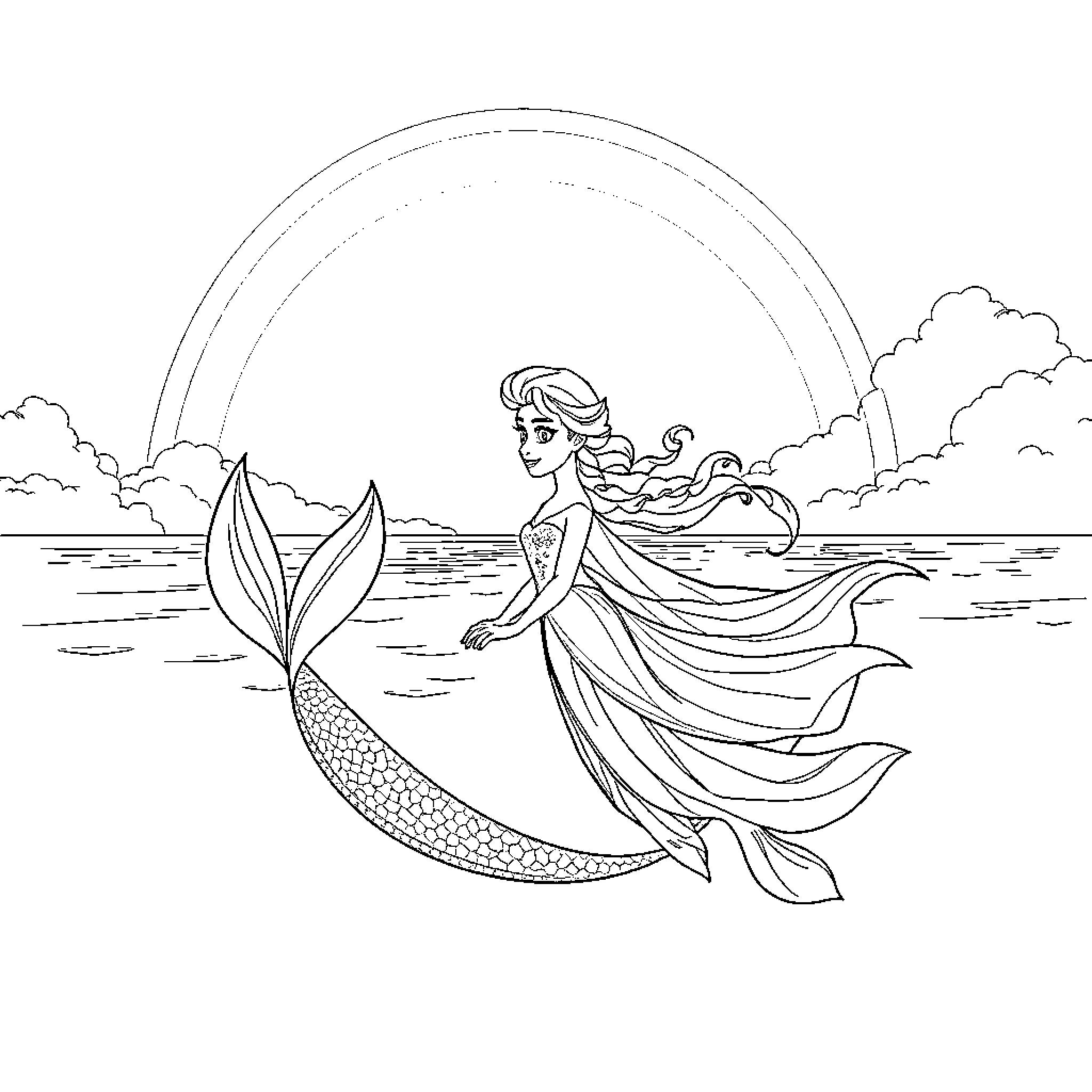 Mermaid swimming gracefully in the sea Coloring Page (free black-and-white line drawing printable PDF for all, from beginners to advanced learners, including children, teens, adults, and seniors)