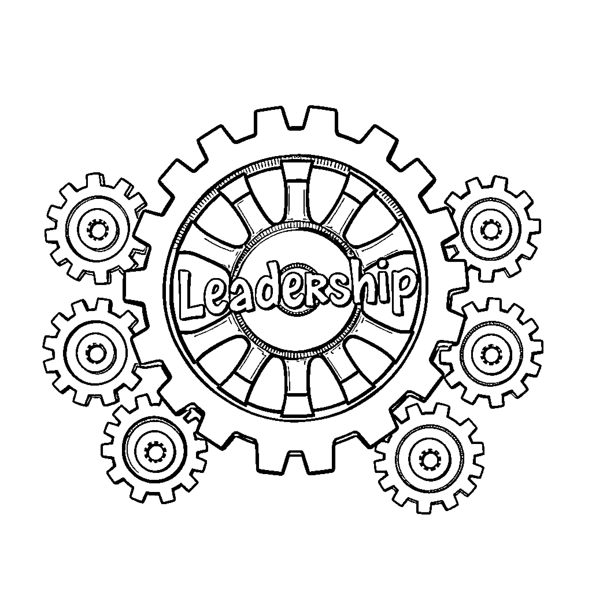 Cogwheel gears emphasizing leadership concept Coloring Page (free black-and-white line drawing printable PDF for all, from beginners to advanced learners, including children, teens, adults, and seniors)