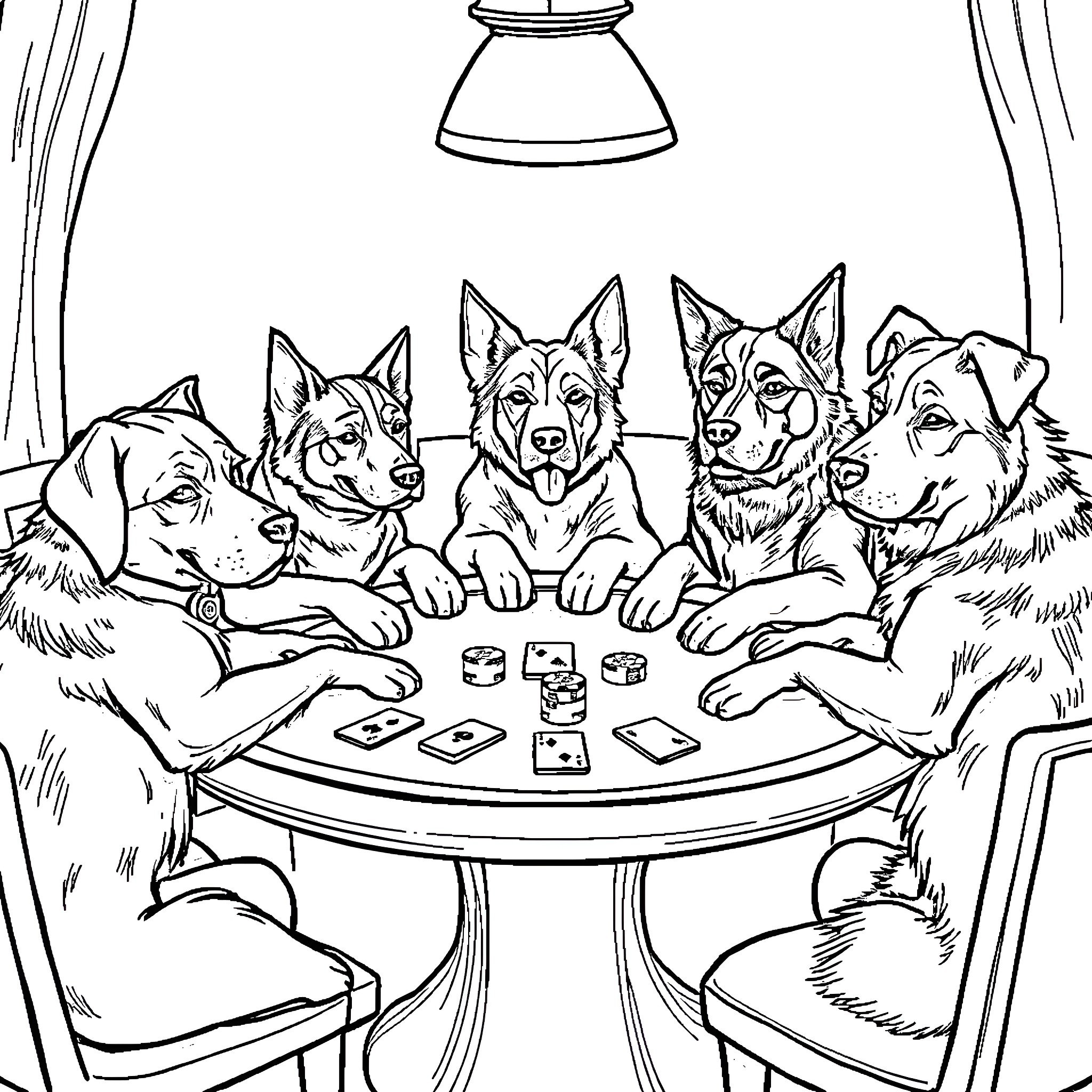 Dogs playing cards together in the room Coloring Page (free black-and-white line drawing printable PDF for all, from beginners to advanced learners, including children, teens, adults, and seniors)
