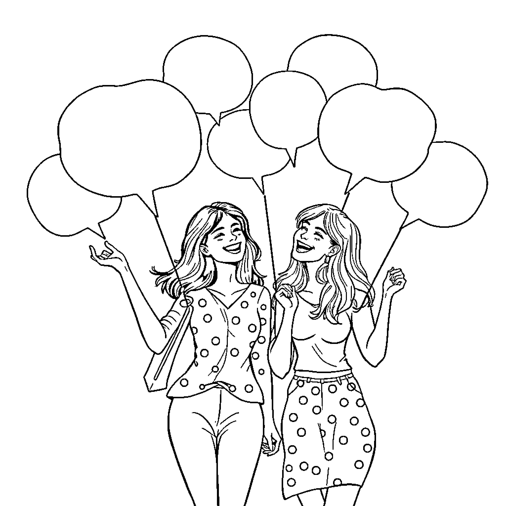 Women chatting and expressing themselves with speech bubbles Coloring Page (free black-and-white line drawing printable PDF for all, from beginners to advanced learners, including children, teens, adults, and seniors)