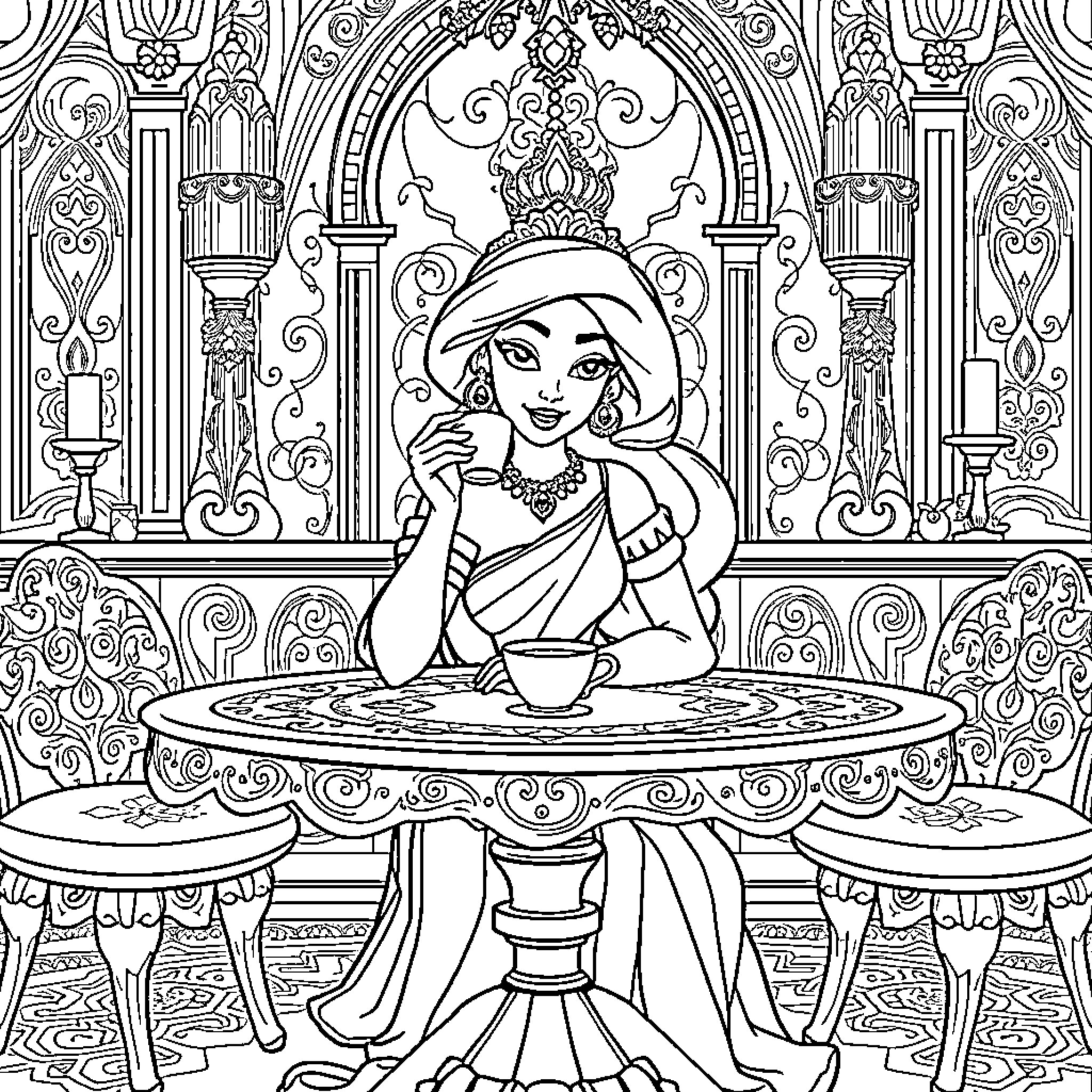 Princess Jasmine enjoying a relaxing moment in an ornate setting Coloring Page (free black-and-white line drawing printable PDF for all, from beginners to advanced learners, including children, teens, adults, and seniors)
