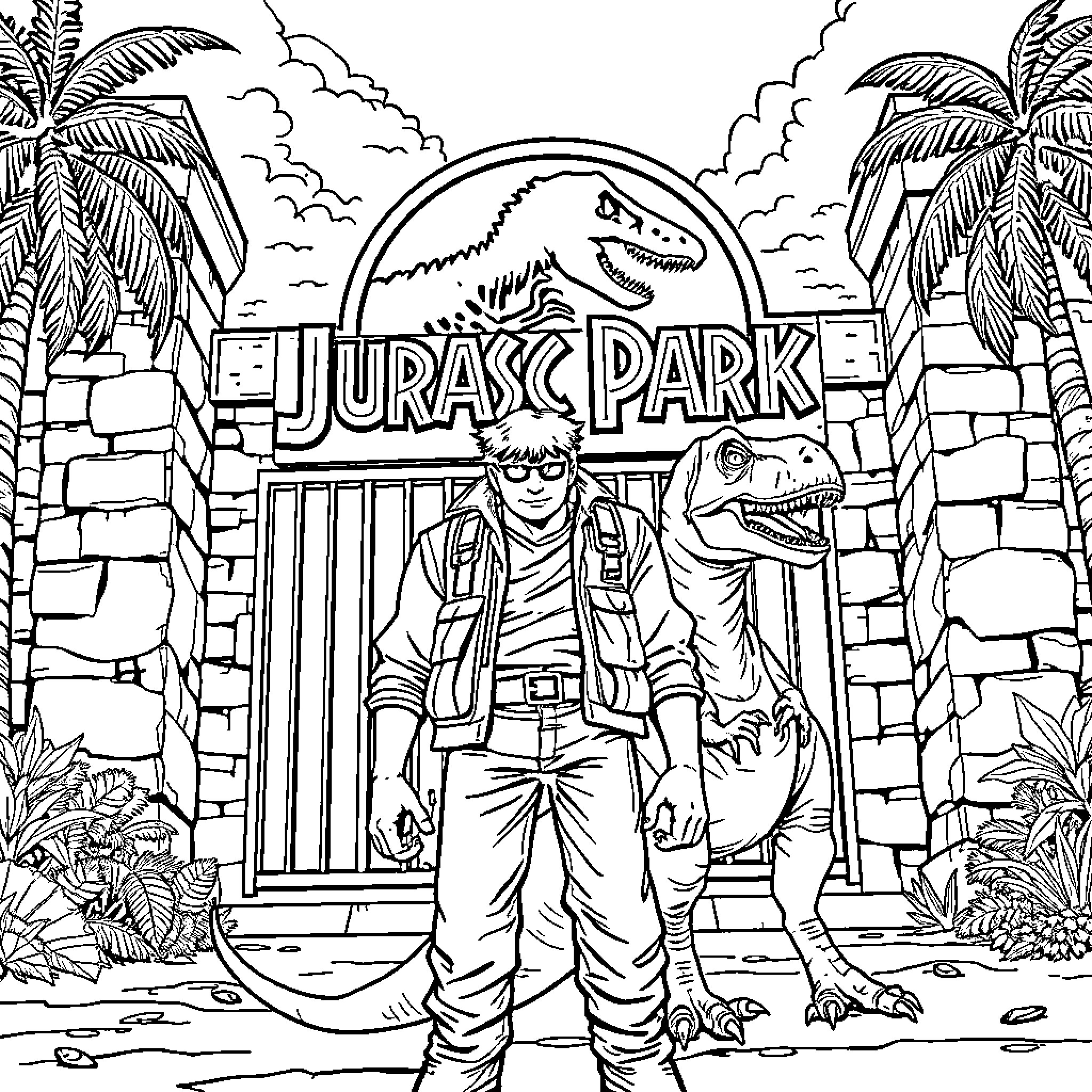Owen Grady at the gates of Jurassic Park Coloring Page (free black-and-white line drawing printable PDF for all, from beginners to advanced learners, including children, teens, adults, and seniors)