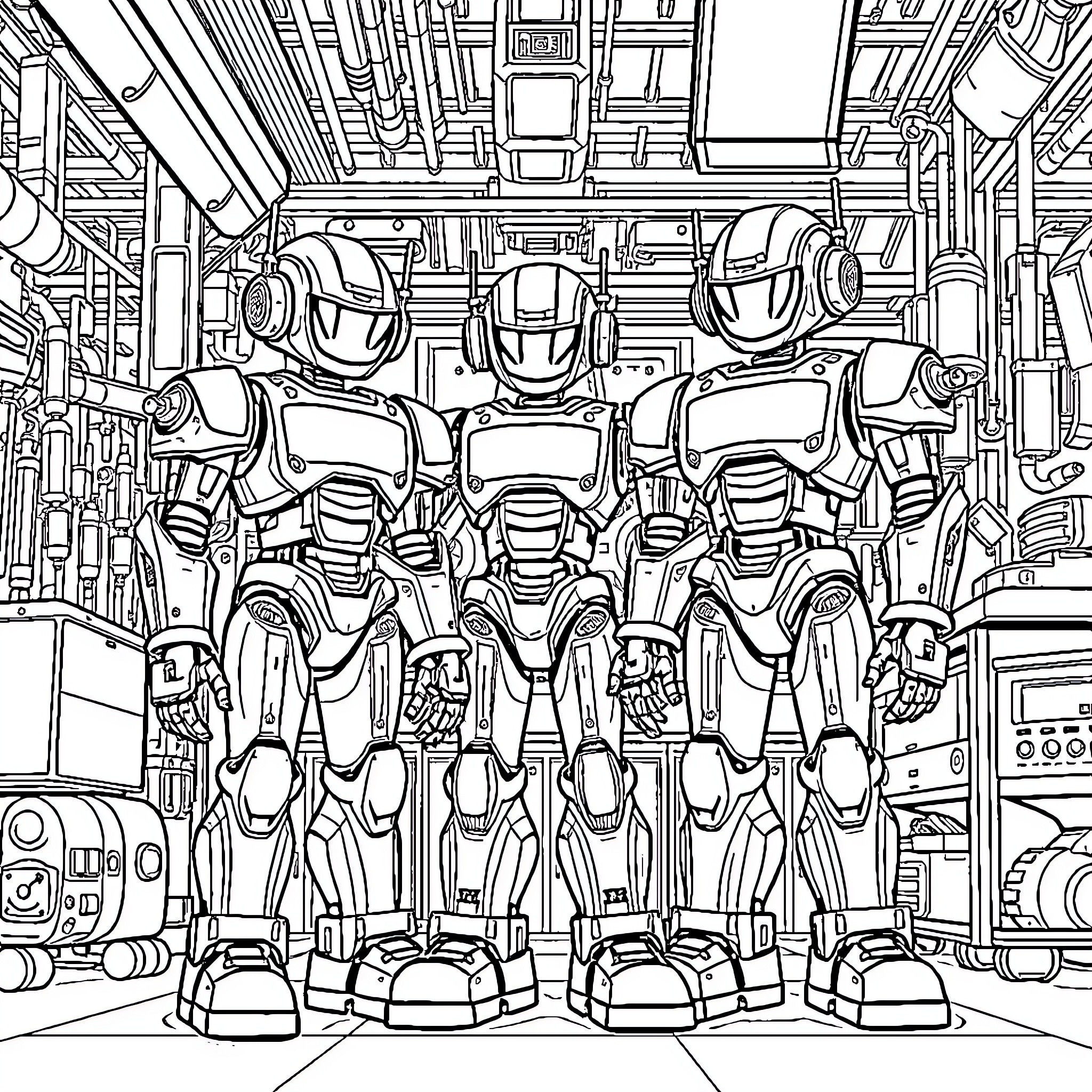 Robot soldiers in futuristic military hangar Coloring Page (free black-and-white line drawing printable PDF for all, from beginners to advanced learners, including children, teens, adults, and seniors)