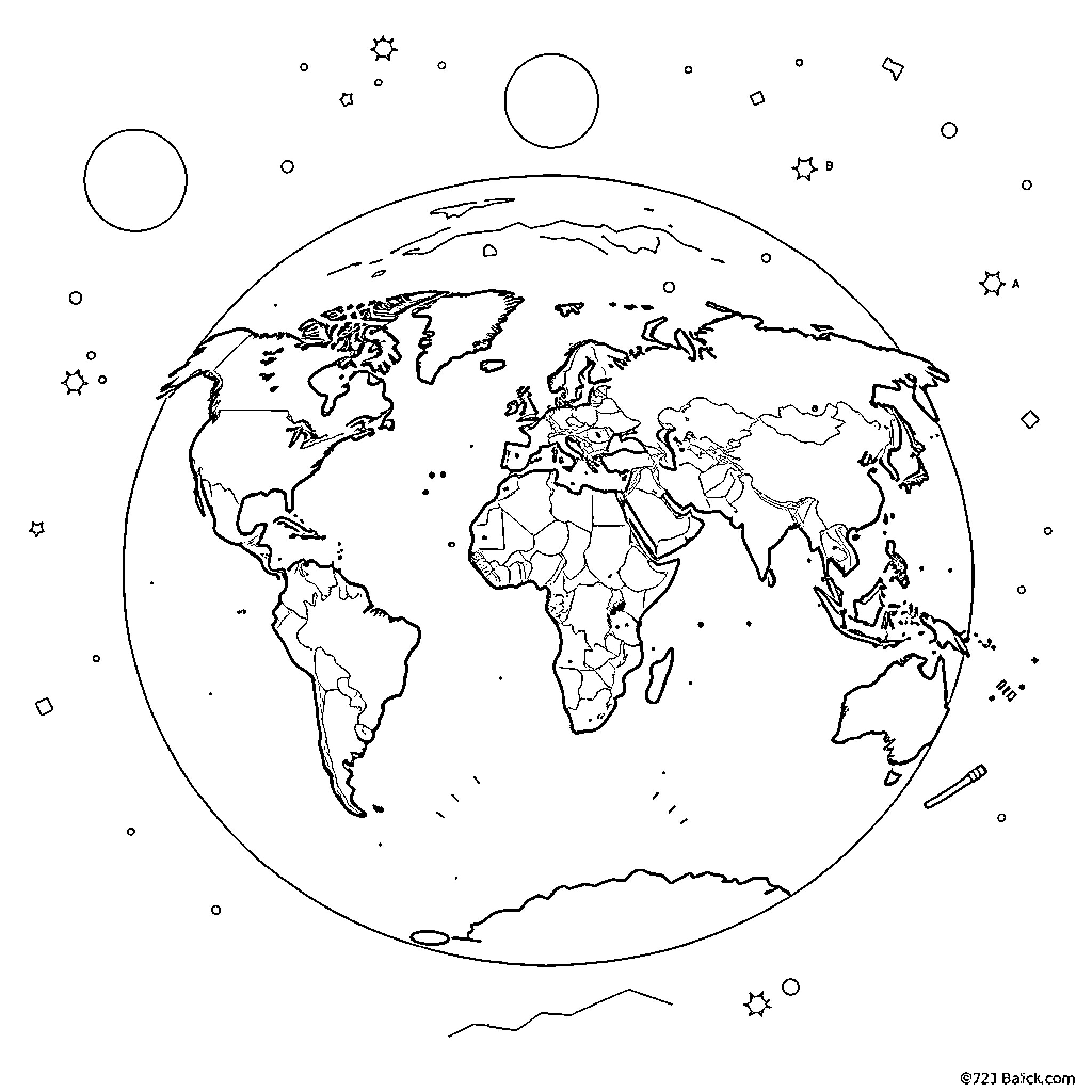 Map of the world with continents and oceans Coloring Page (free black-and-white line drawing printable PDF for all, from beginners to advanced learners, including children, teens, adults, and seniors)