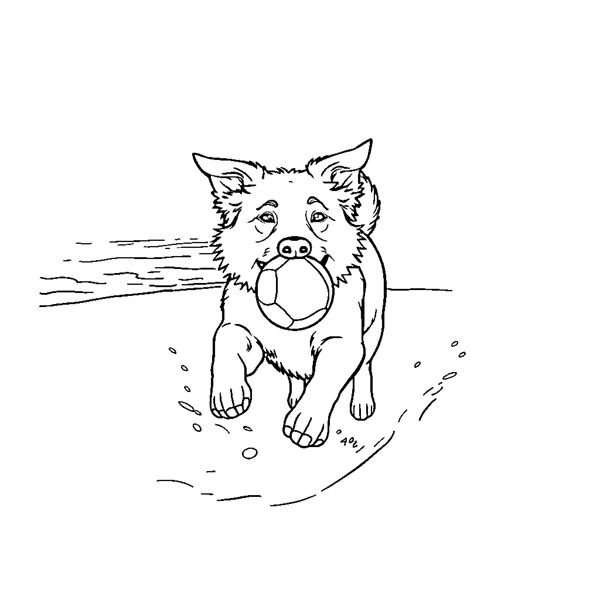 Dog playing with ball in the water Coloring Page (free black-and-white line drawing printable PDF for all, from beginners to advanced learners, including children, teens, adults, and seniors)