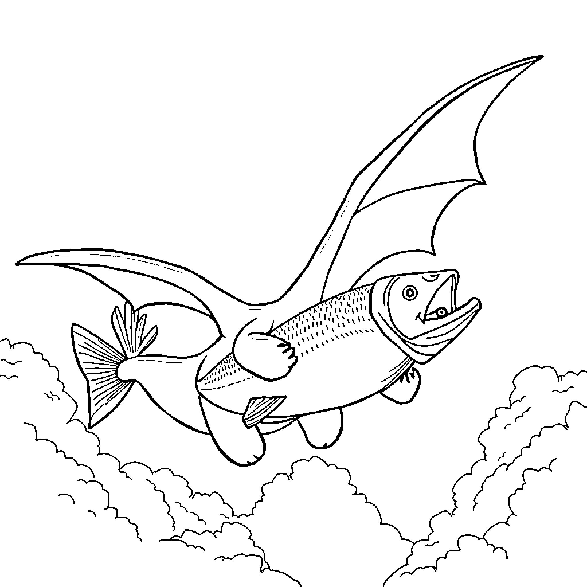 Toothless dragon-like fish soaring through the clouds Coloring Page (free black-and-white line drawing printable PDF for all, from beginners to advanced learners, including children, teens, adults, and seniors)