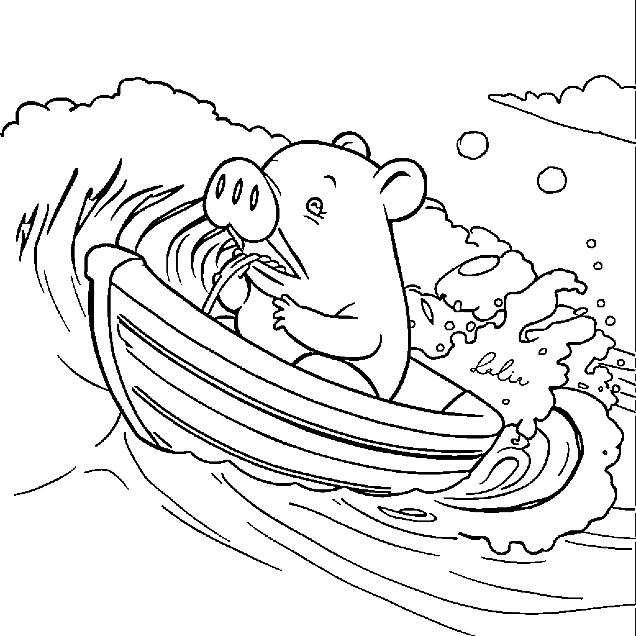 Porky having fun in a boat on the waves Coloring Page (free black-and-white line drawing printable PDF for all, from beginners to advanced learners, including children, teens, adults, and seniors)