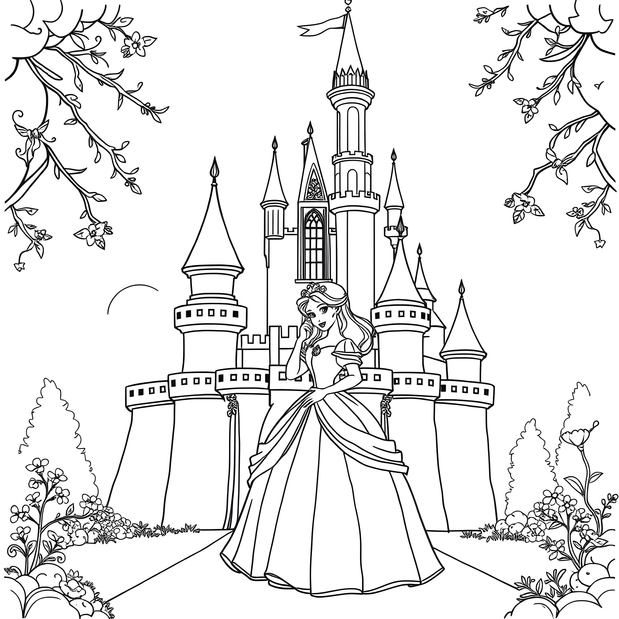 Princess standing in front of a fantasy castle Coloring Page (free black-and-white line drawing printable PDF for all, from beginners to advanced learners, including children, teens, adults, and seniors)
