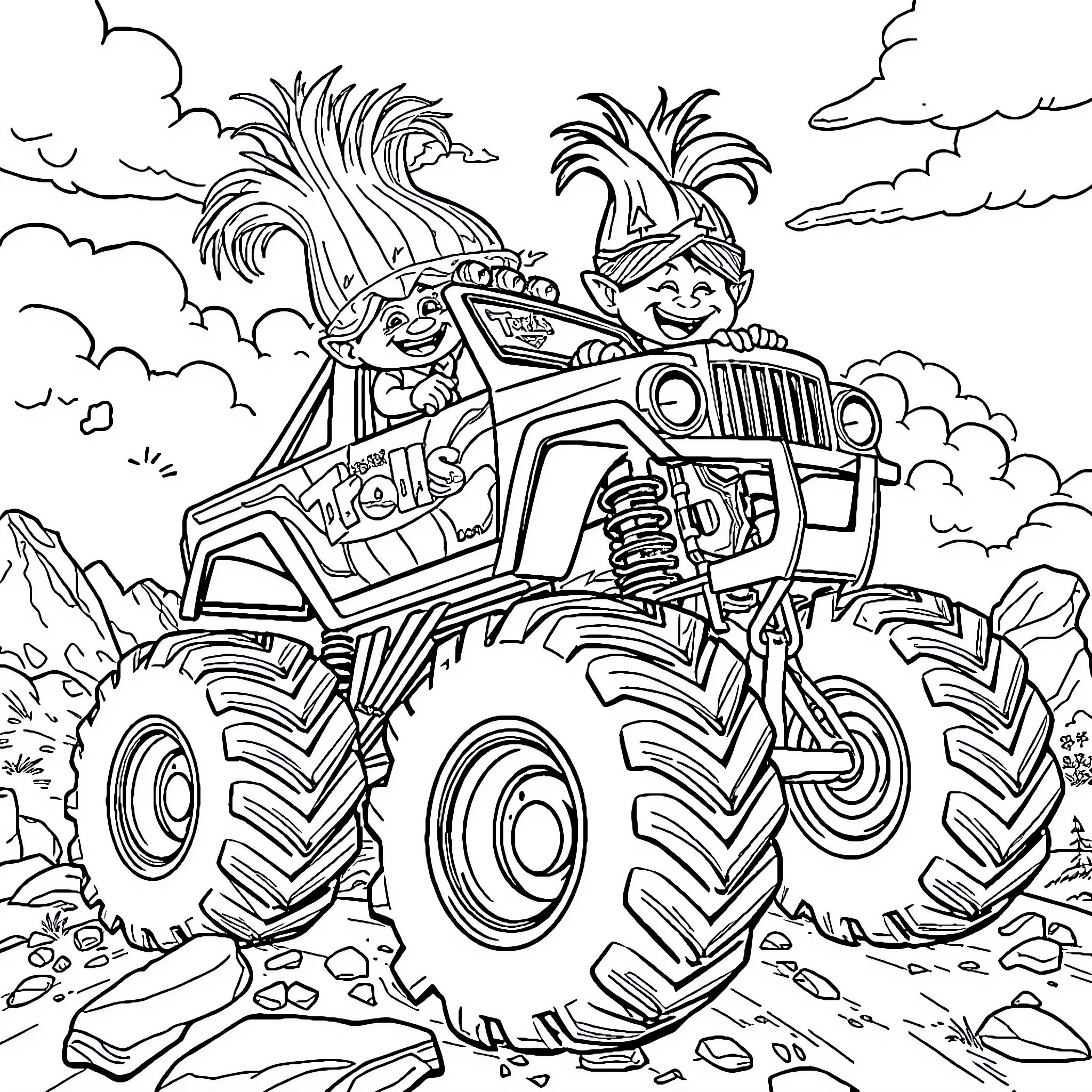Troll duo riding a monster truck over rugged terrain Coloring Page (free black-and-white line drawing printable PDF for all, from beginners to advanced learners, including children, teens, adults, and seniors)