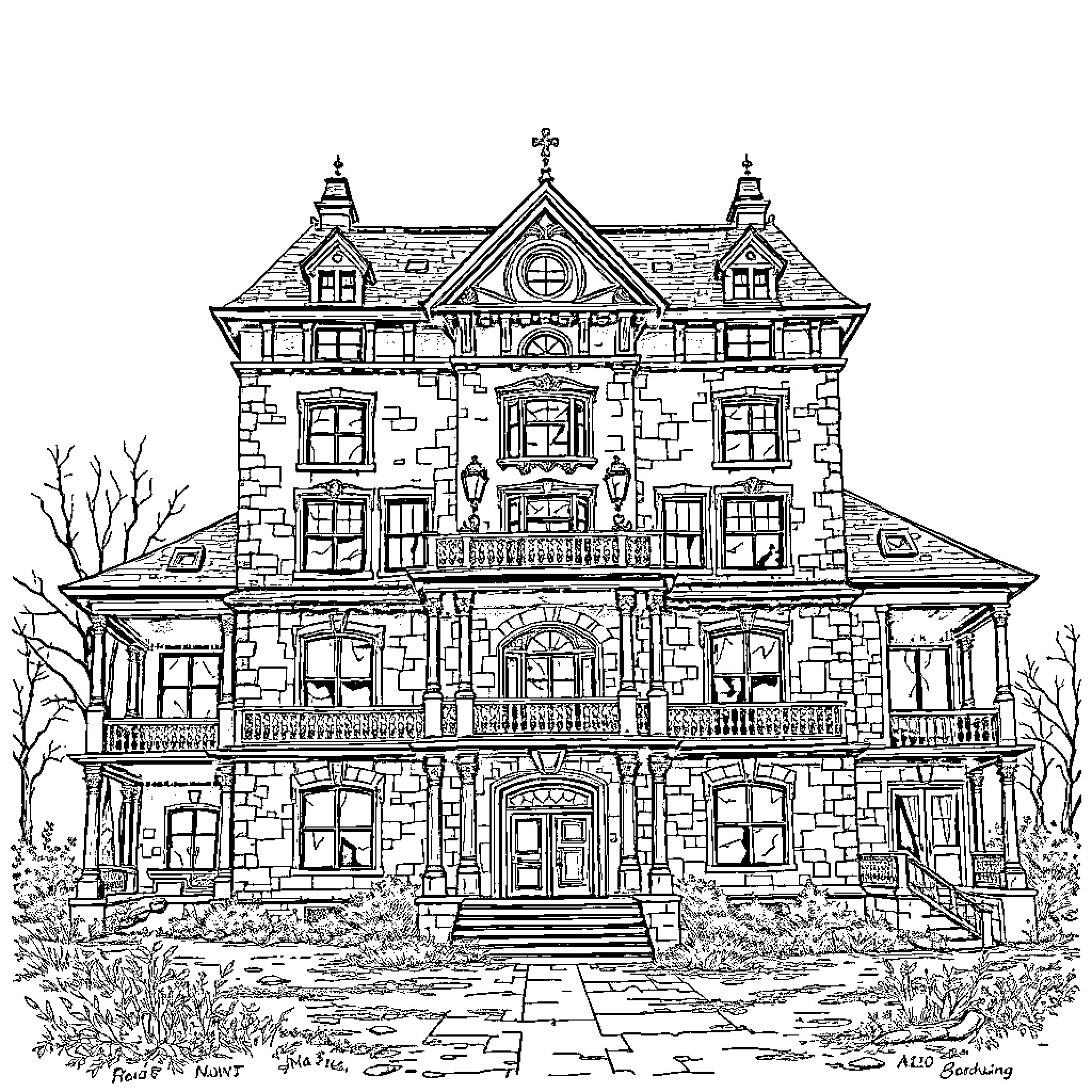 Mansion with intricate architecture and decorative elements Coloring Page (free black-and-white line drawing printable PDF for all, from beginners to advanced learners, including children, teens, adults, and seniors)