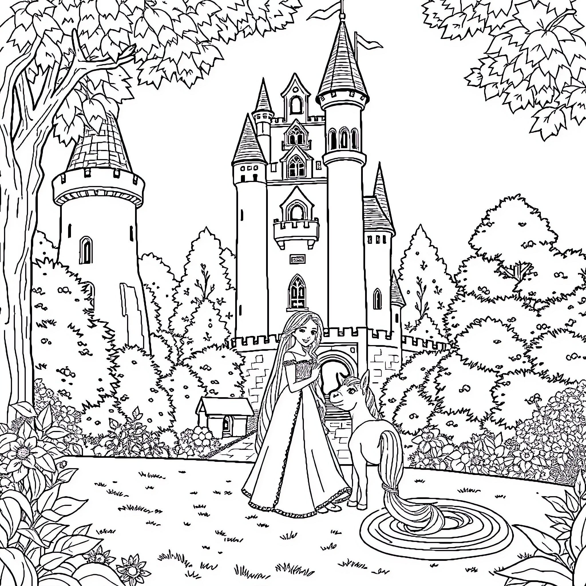 Rapunzel stands outside her enchanted castle Coloring Page (free black-and-white line drawing printable PDF for all, from beginners to advanced learners, including children, teens, adults, and seniors)